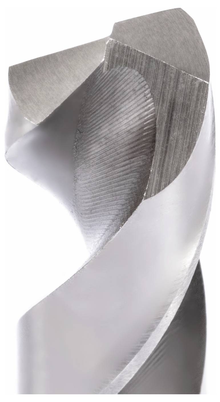 Eine Nahaufnahme eines Metallbohrers, der seine scharfen, spiralförmigen Schneidekanten zeigt, die zum Bohren in harte Materialien entwickelt wurden.