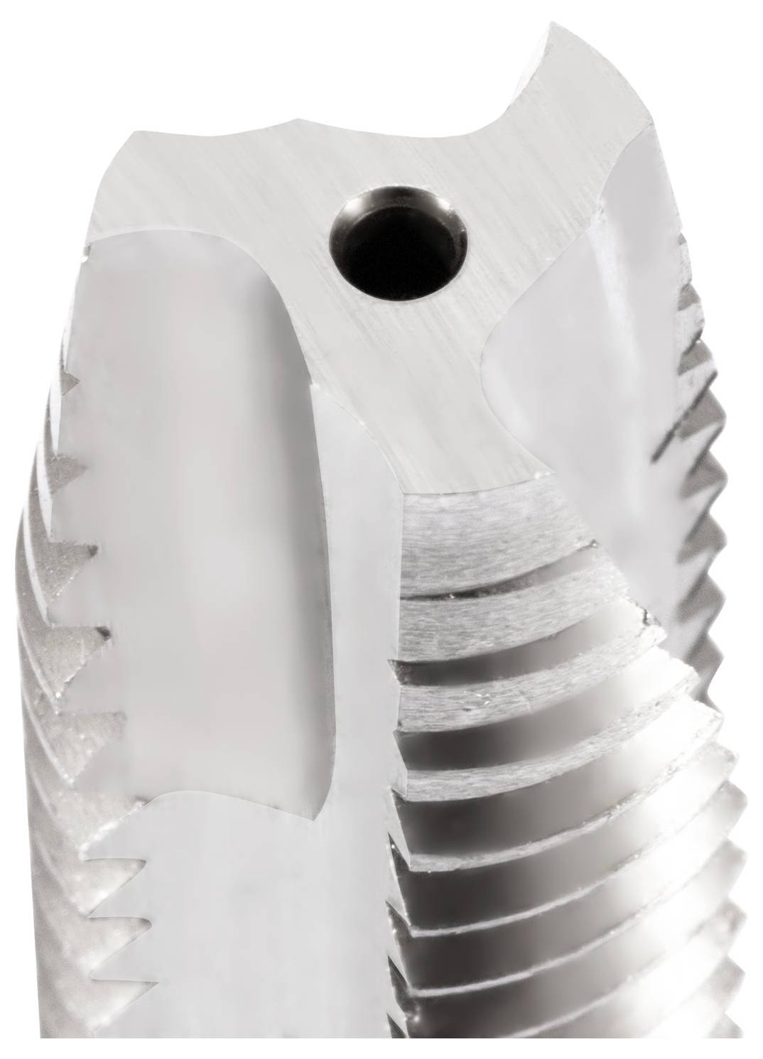 Eine Nahaufnahme eines Gewindewerkzeugs aus Metall, das scharfe Rillen und ein zentrales Loch für präzise Fertigungsanwendungen zeigt.