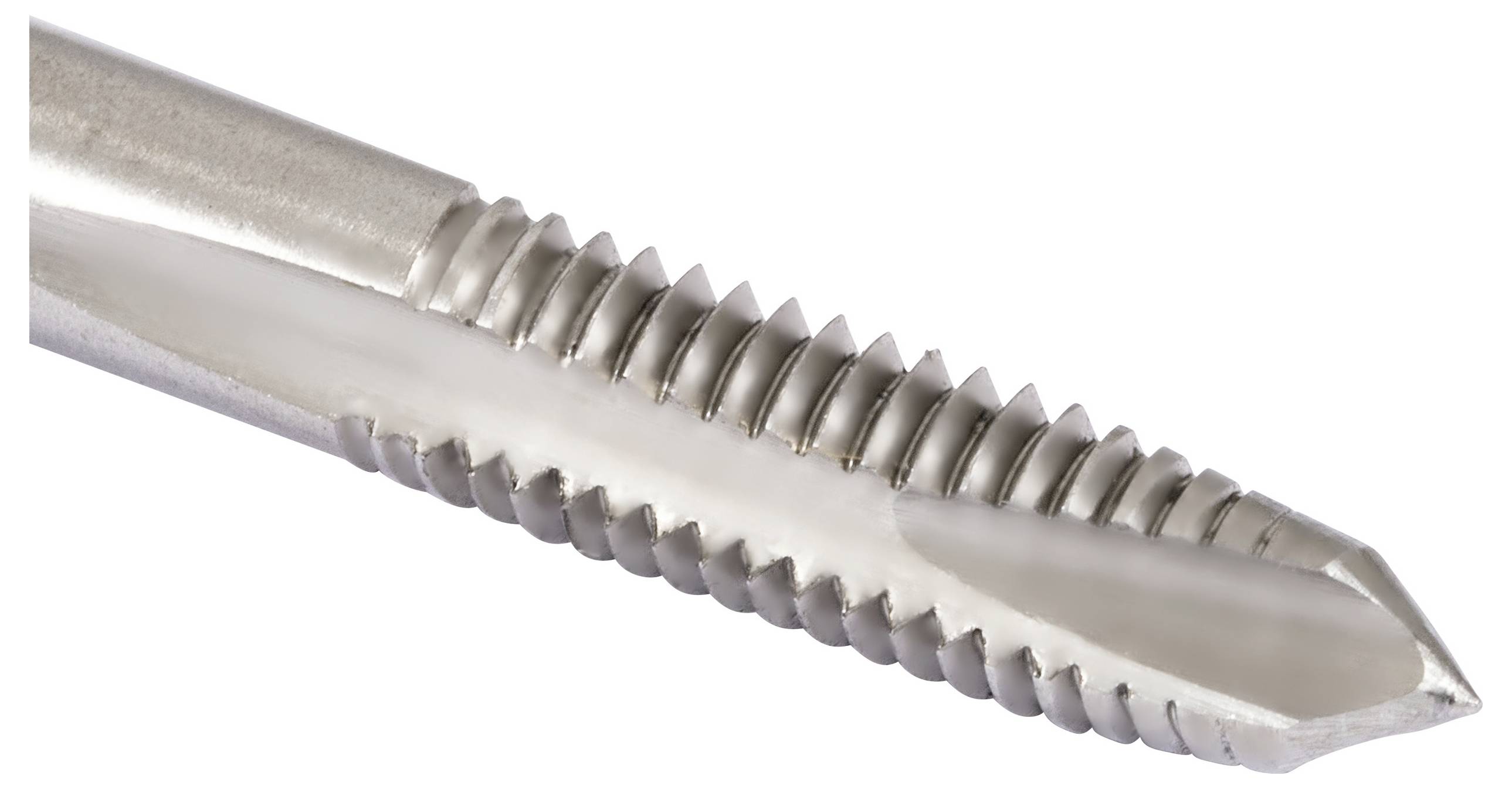 Eine Nahaufnahme eines metallischen Schneidewerkzeugs mit scharfen Zähnen, das zum Gewindeerzeugen im Inneren eines Lochs verwendet wird und in der Maschinenbaubranche häufig eingesetzt wird.
