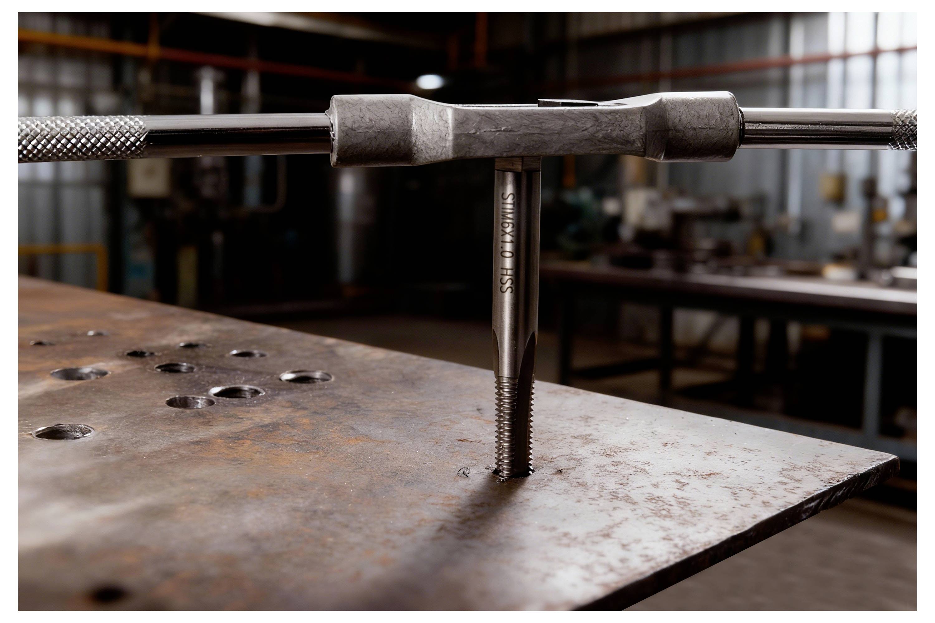 Ein Metallgewindebohrer schneidet ein Gewinde in eine verrostete Metallplatte in einer Werkstatt, umgeben von industrieller Ausrüstung im Hintergrund.