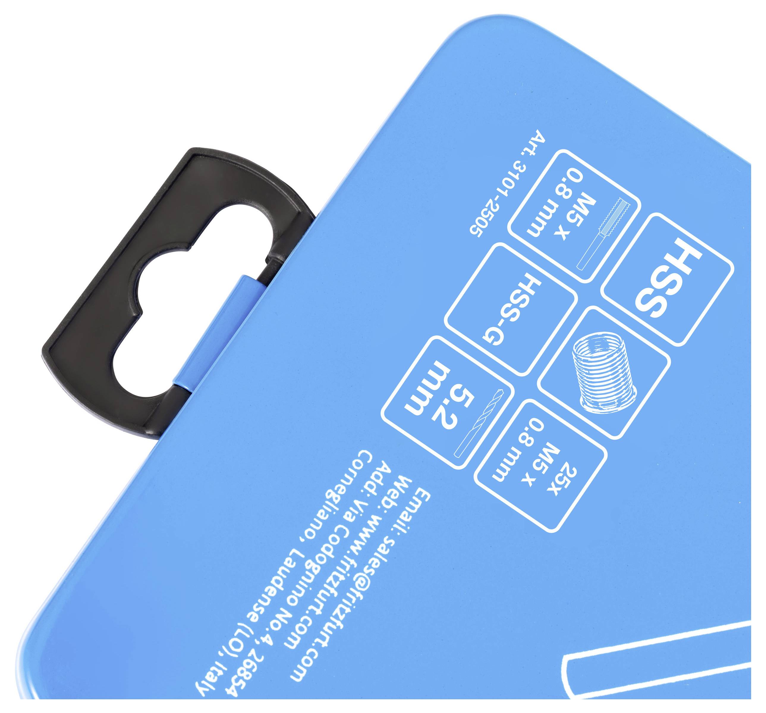 Ein blaues Produktpaket mit schwarzem Griff, das Symbole und Zahlen zeigt: „M5 x 0,8