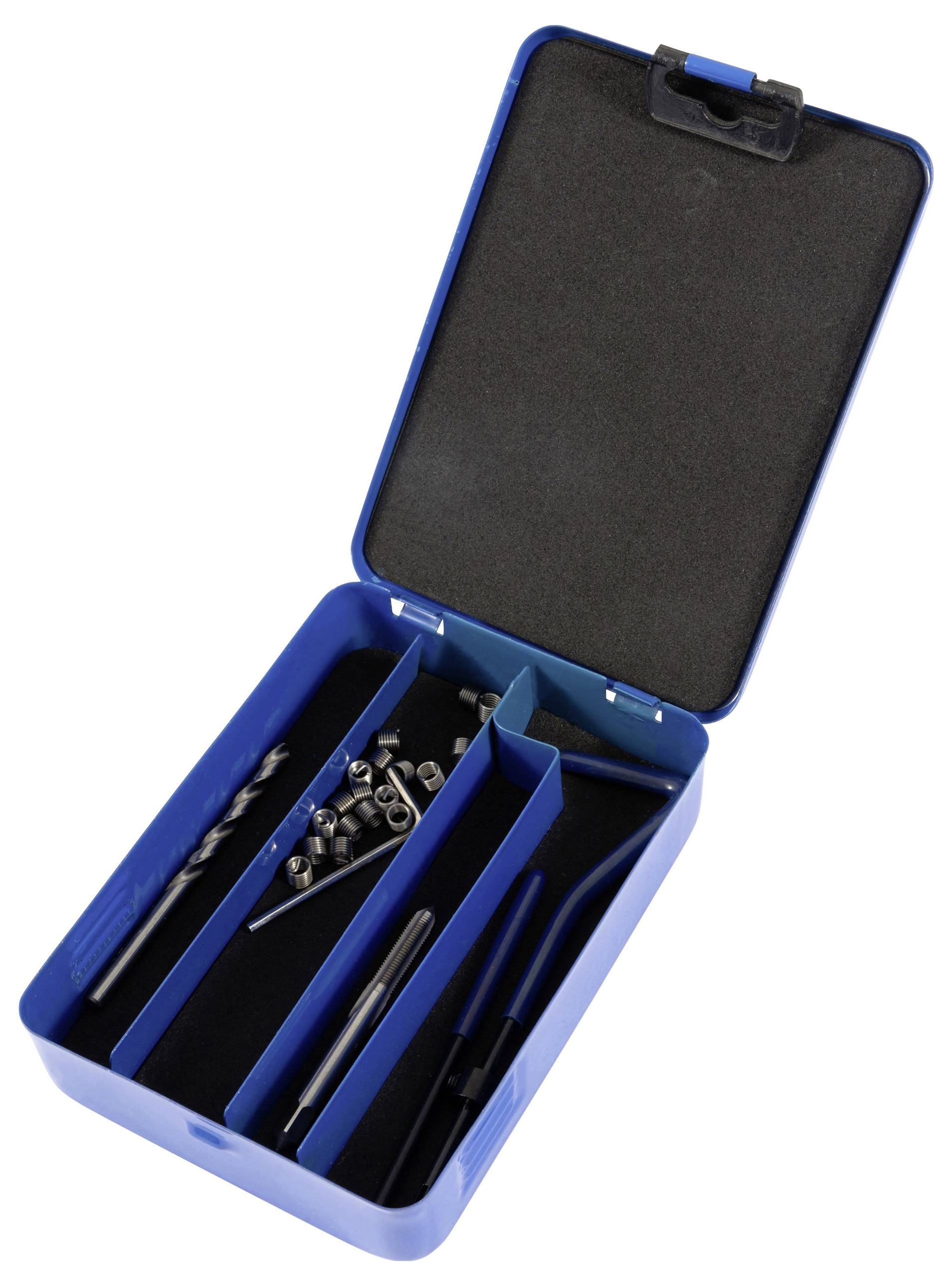 Offener blauer Werkzeugkoffer mit einem Bohrer, einem Innensechskantschlüssel, Gewindeeinsätzen und einem Werkzeug mit blauem Griff, das zur Gewindeinstandsetzung verwendet wird.