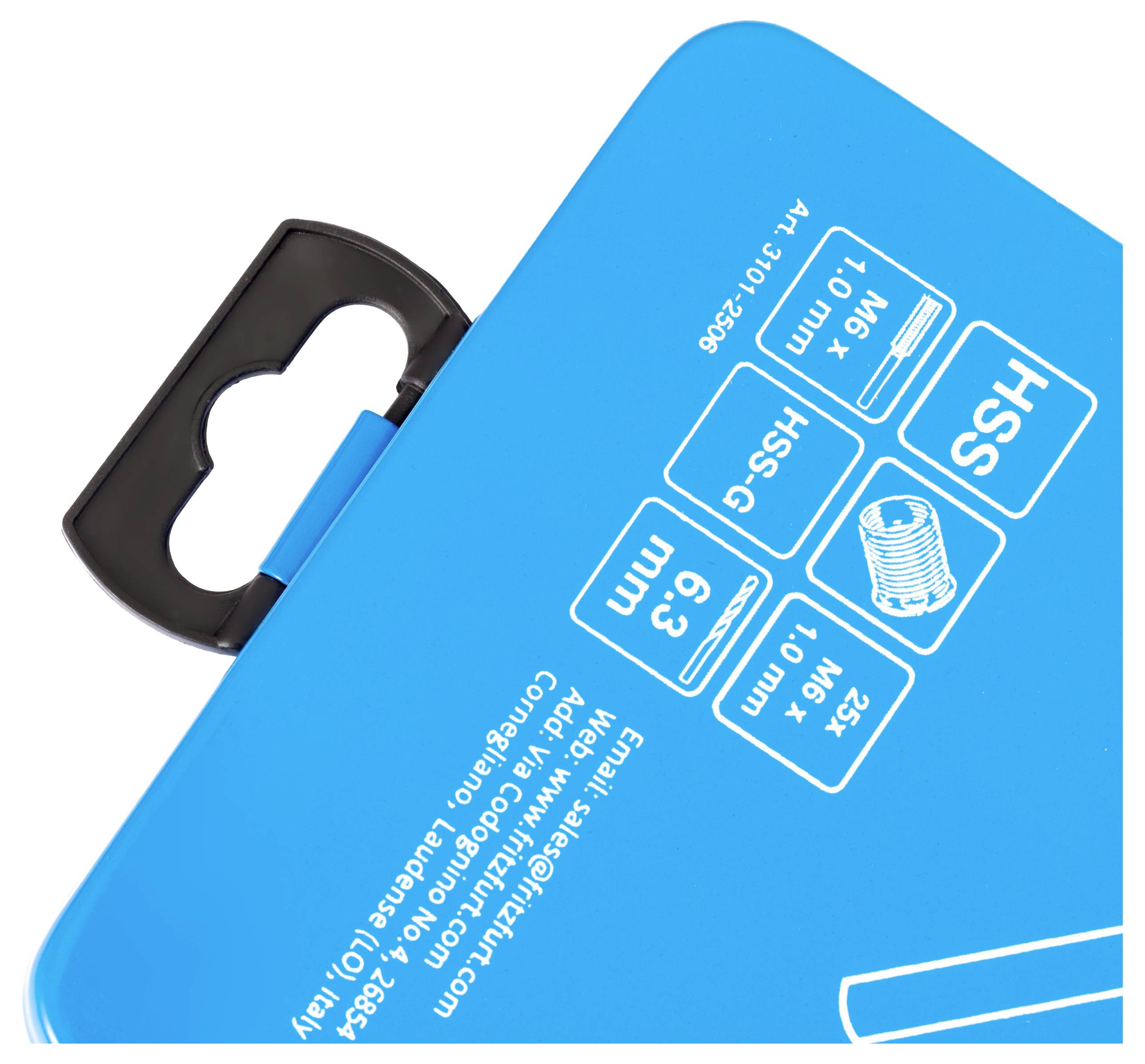 Ein blauer Bohrerkasten-Deckel mit Beschriftungen für Sechskantschrauben in den Größen 25 mm, M8 und M10, mit einem teilweise sichtbaren schwarzen Griff.