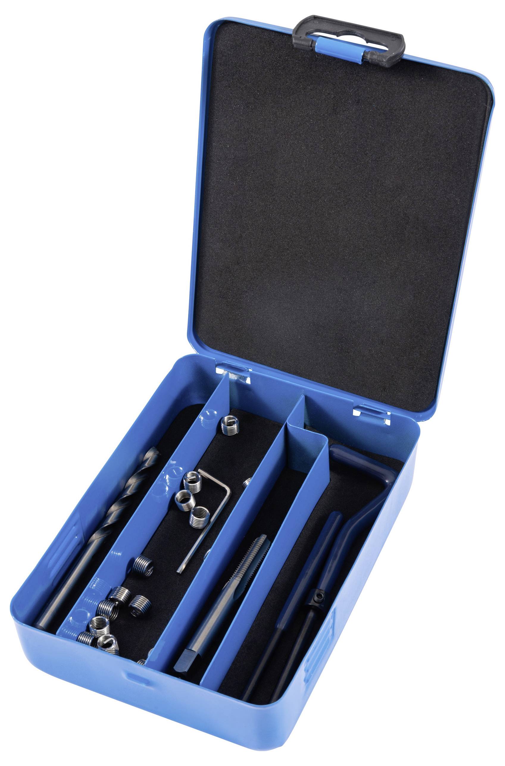 Ein offener blauer Kunststoffwerkzeugkoffer mit verschiedenen Metallbohrern und Zubehör, organisiert in separaten Fächern.