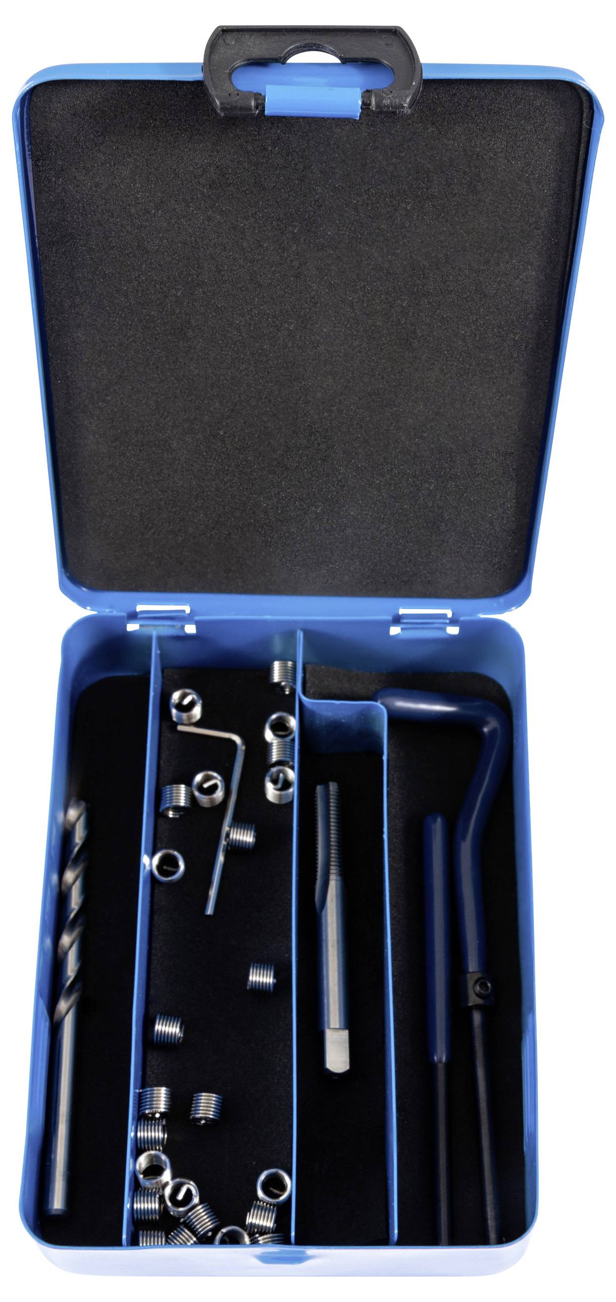 Eine blaue Werkzeugkiste enthält einen Bohrersatz, Metallspulen und Schraubenschlüssel, die in Fächern organisiert sind.