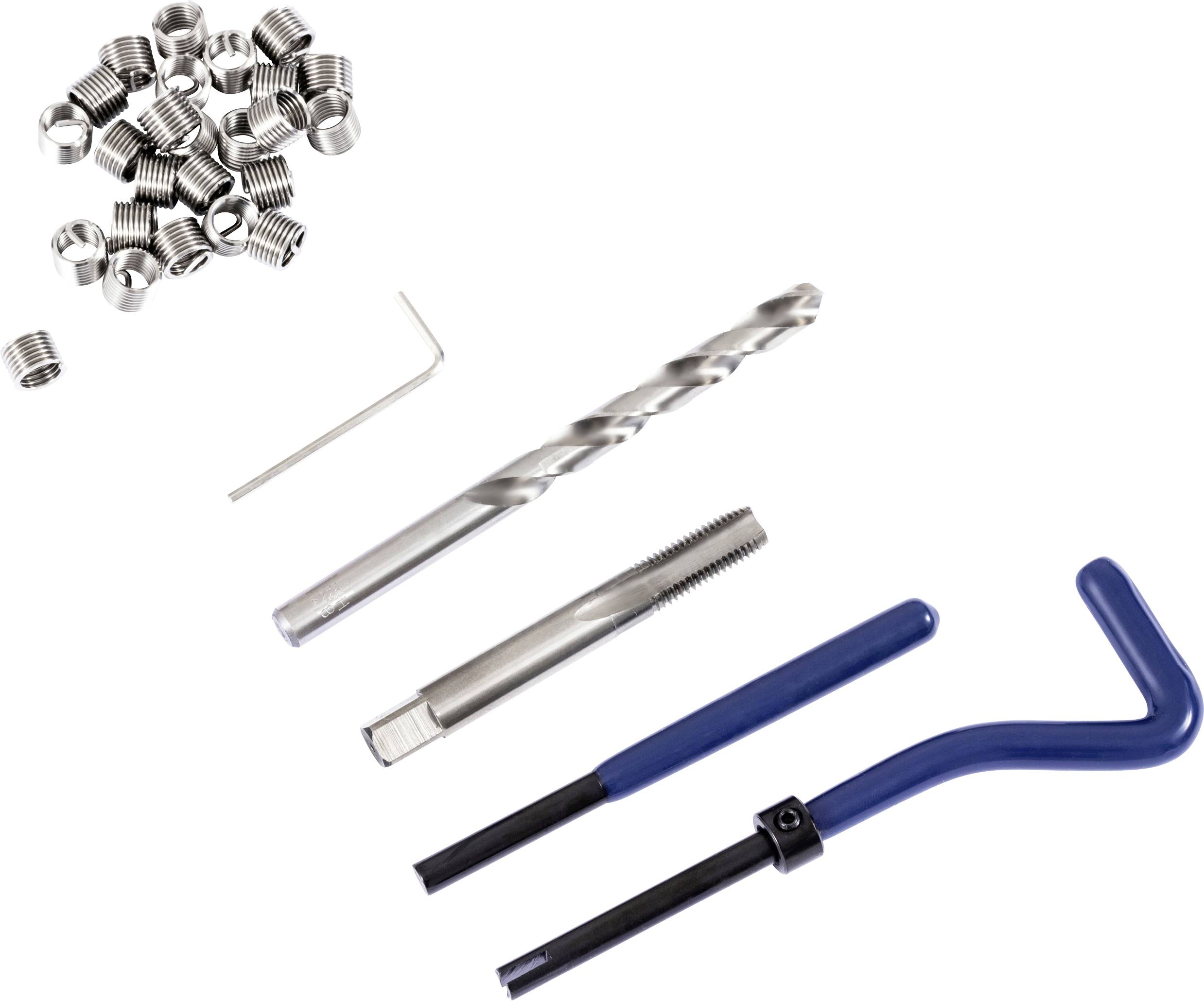 Ein Bohrbitset mit verschiedenen Größen, ein Gewindebohrereinsatz mit einem blauen Griff und mehrere Gewindeeinsätze aus Metall für Gewindereparaturen.