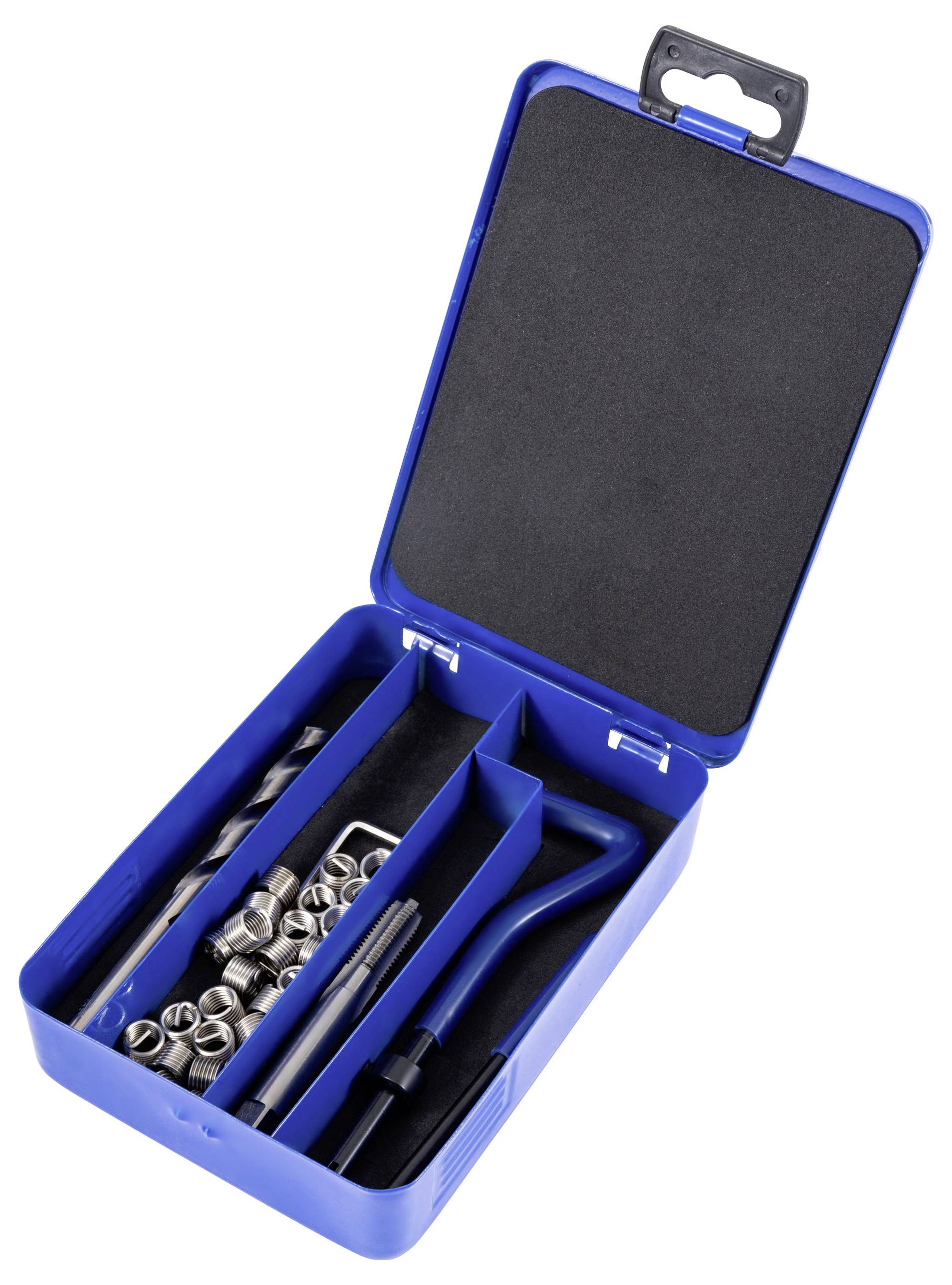 Eine offene blaue Werkzeugkiste mit verschiedenen Bohrern, Schrauben und einem Inbusschlüssel, die in separaten Fächern organisiert sind.