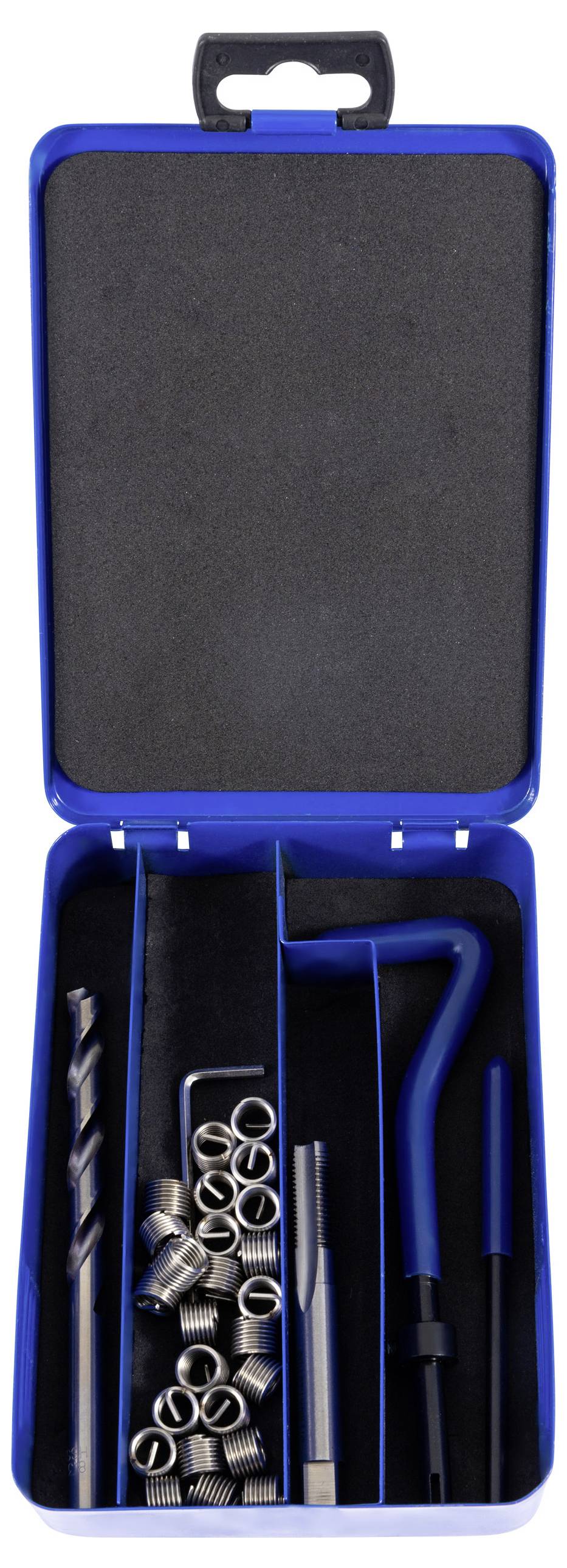 Eine blaue Werkzeugkiste mit einem Bohrer, Gewindeeinsätzen, einem Gewindebohrer und einem Einführungswerkzeug.