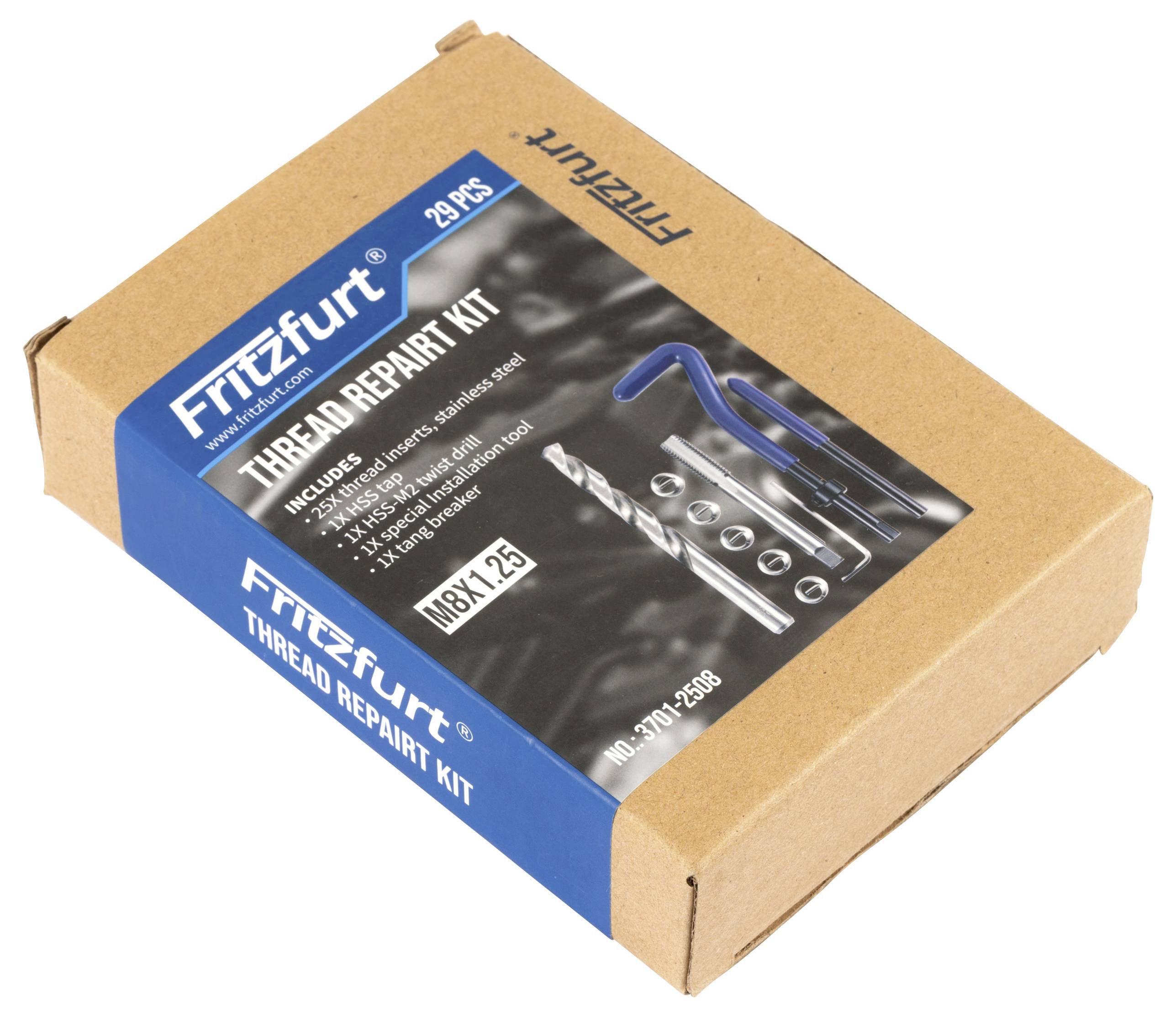 'Fritefurt Gewindereparatur-Set' Karton, mit 'M8x1.25' gekennzeichnet, Inhalt zeigend: Gewindebohrer, Bohrer, Einsätze, Installationswerkzeug und Abbrechwerkzeug.