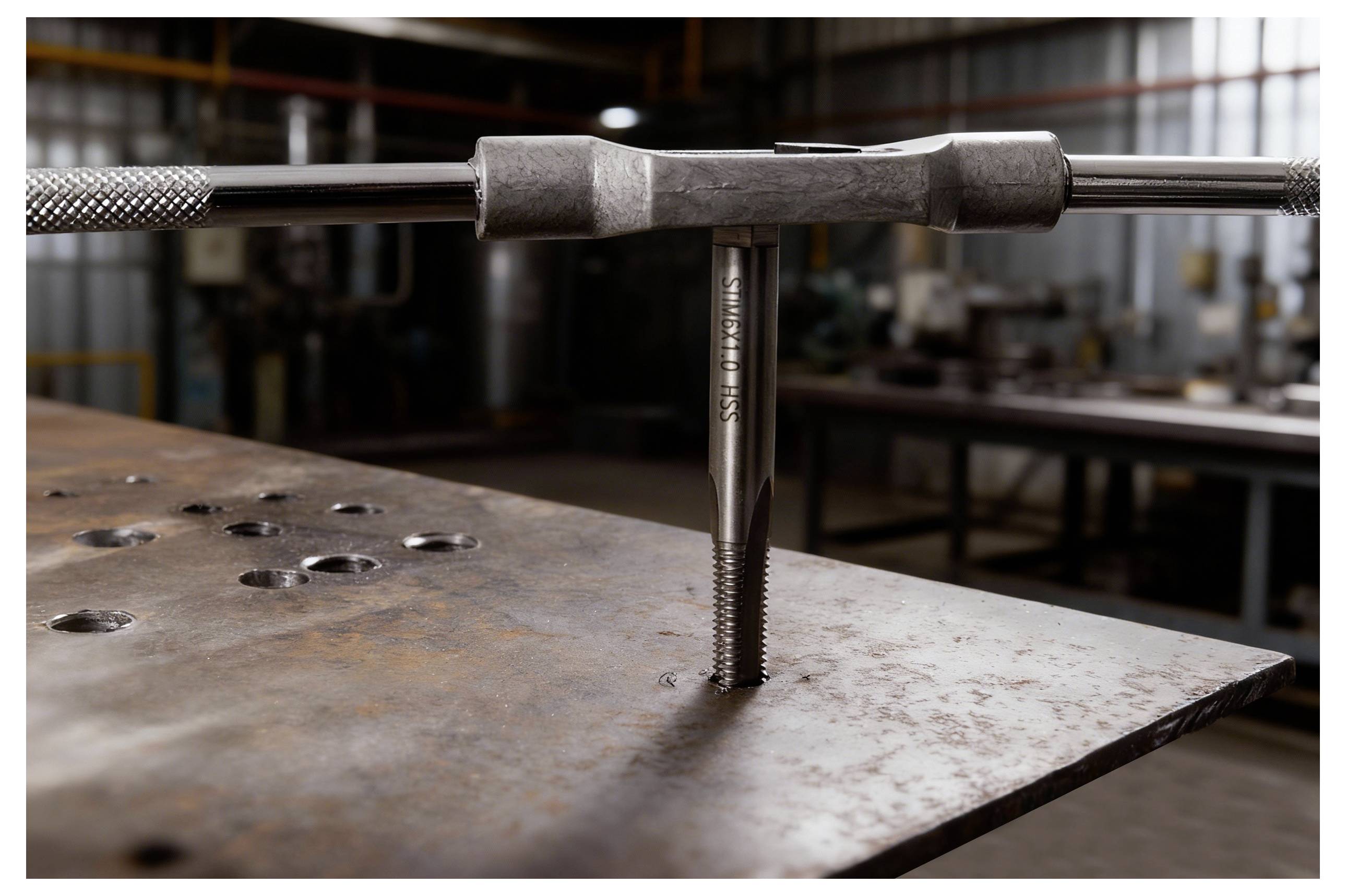 Ein Metalltapwerkzeug wird in ein gelochtes Metallstück eingesetzt und veranschaulicht den Prozess des Gewindeherstellens in einer industriellen Werkstattumgebung.