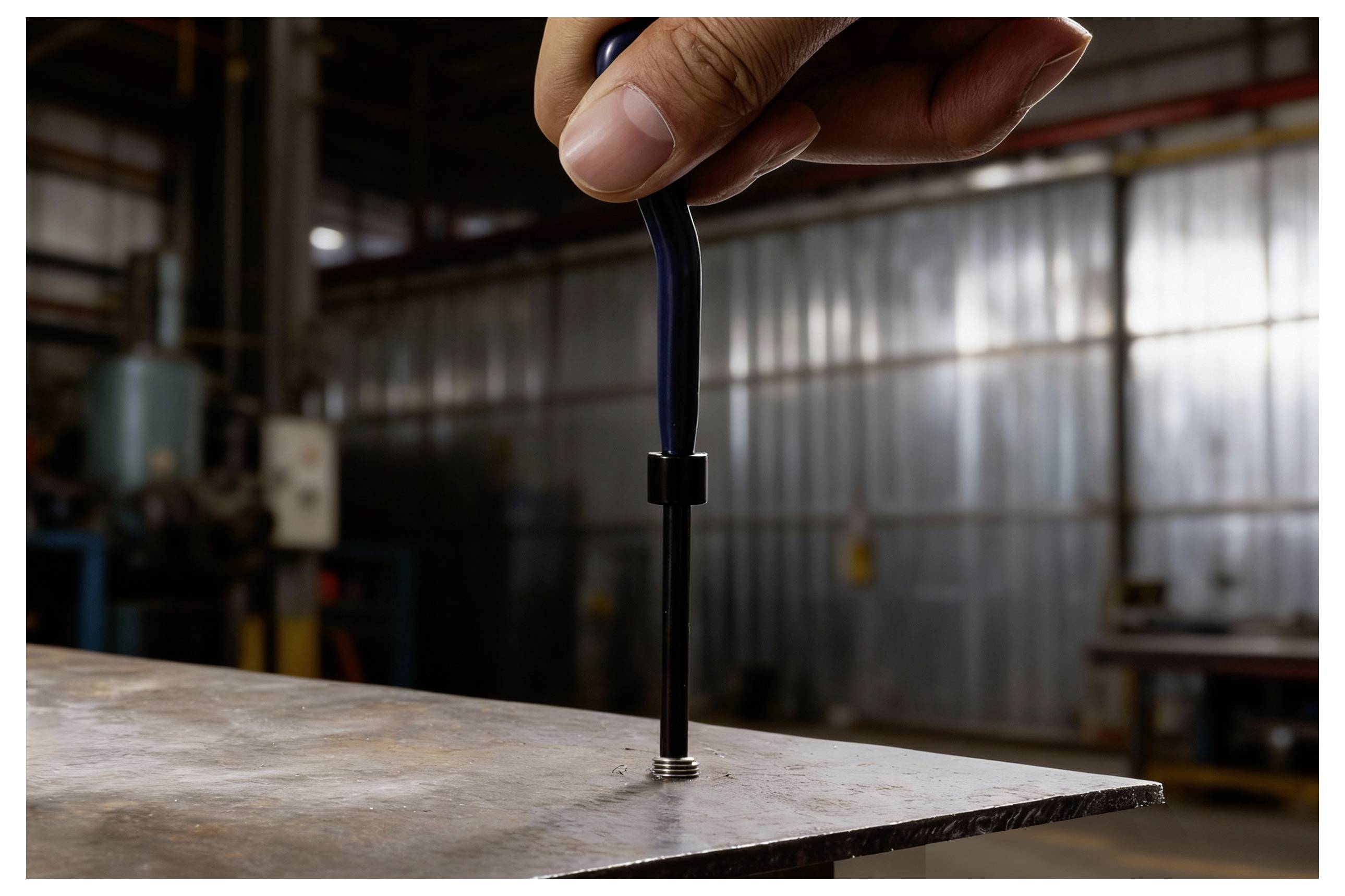 Hand, die einen Schraubendreher verwendet, um eine Schraube auf einer Metalloberfläche anzuziehen oder zu lösen, in einer industriellen Werkstattumgebung.