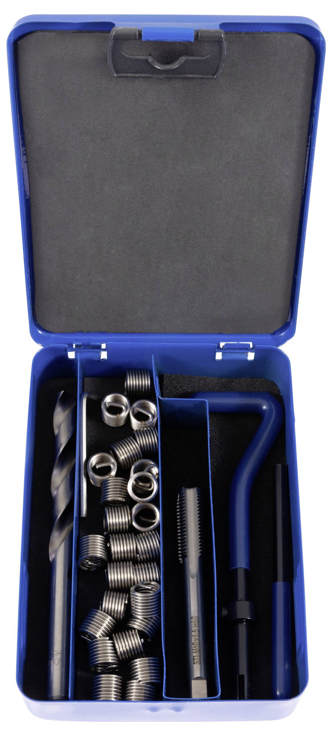 Eine blaue Werkzeugkiste mit einem Bohrer, Gewindeeinsätzen, einem Gewindebohrer und einem Handwerkzeug, das zum Erzeugen von Gewinden in Bohrungen verwendet wird.