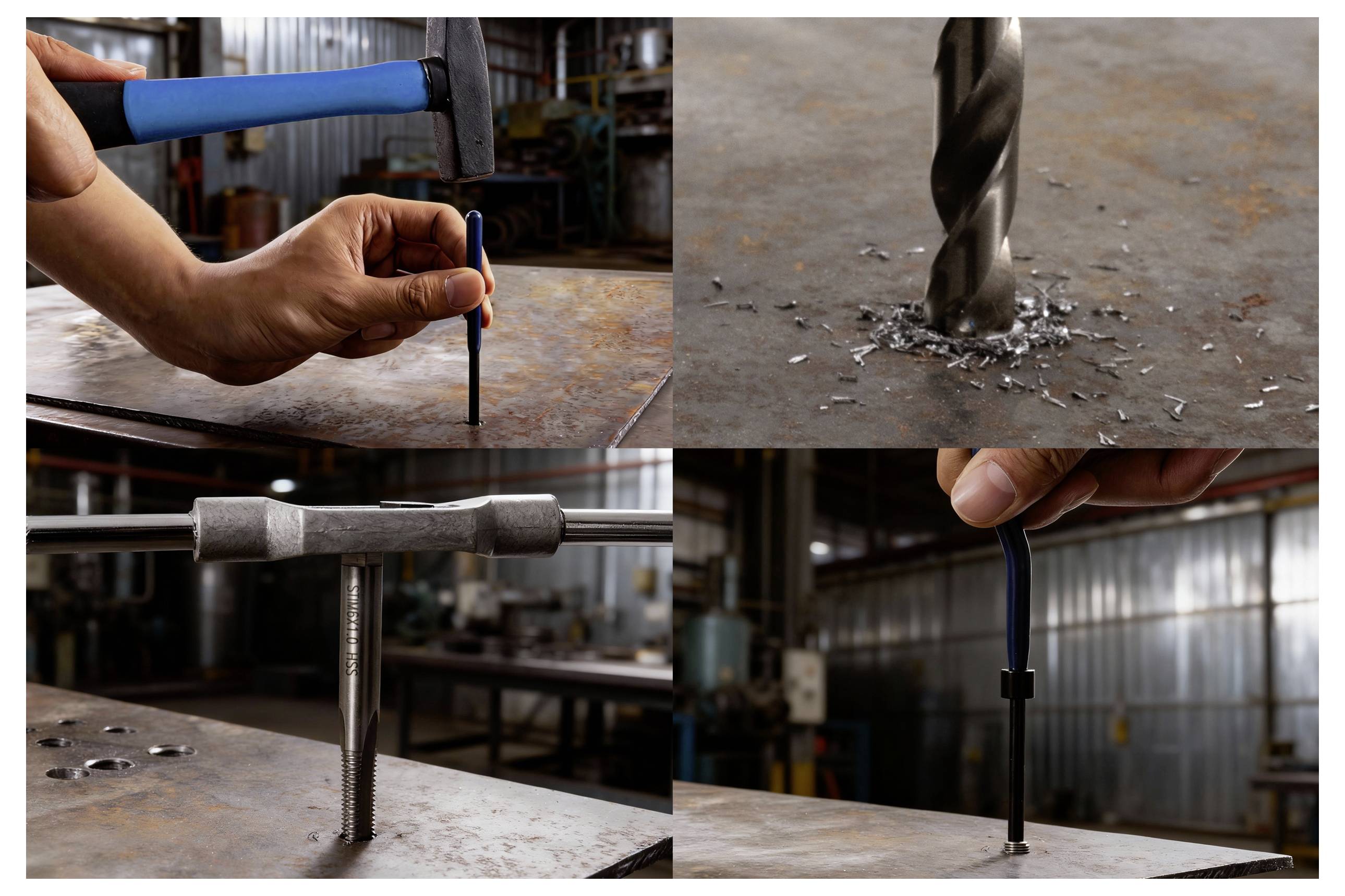 Vier Bilder zeigen Metallbearbeitungsprozesse: Hämmern eines Zentrierstifts, Bohren von Metall, Verwenden eines Gewindebohrers und eine Hand mit einem Werkzeug.