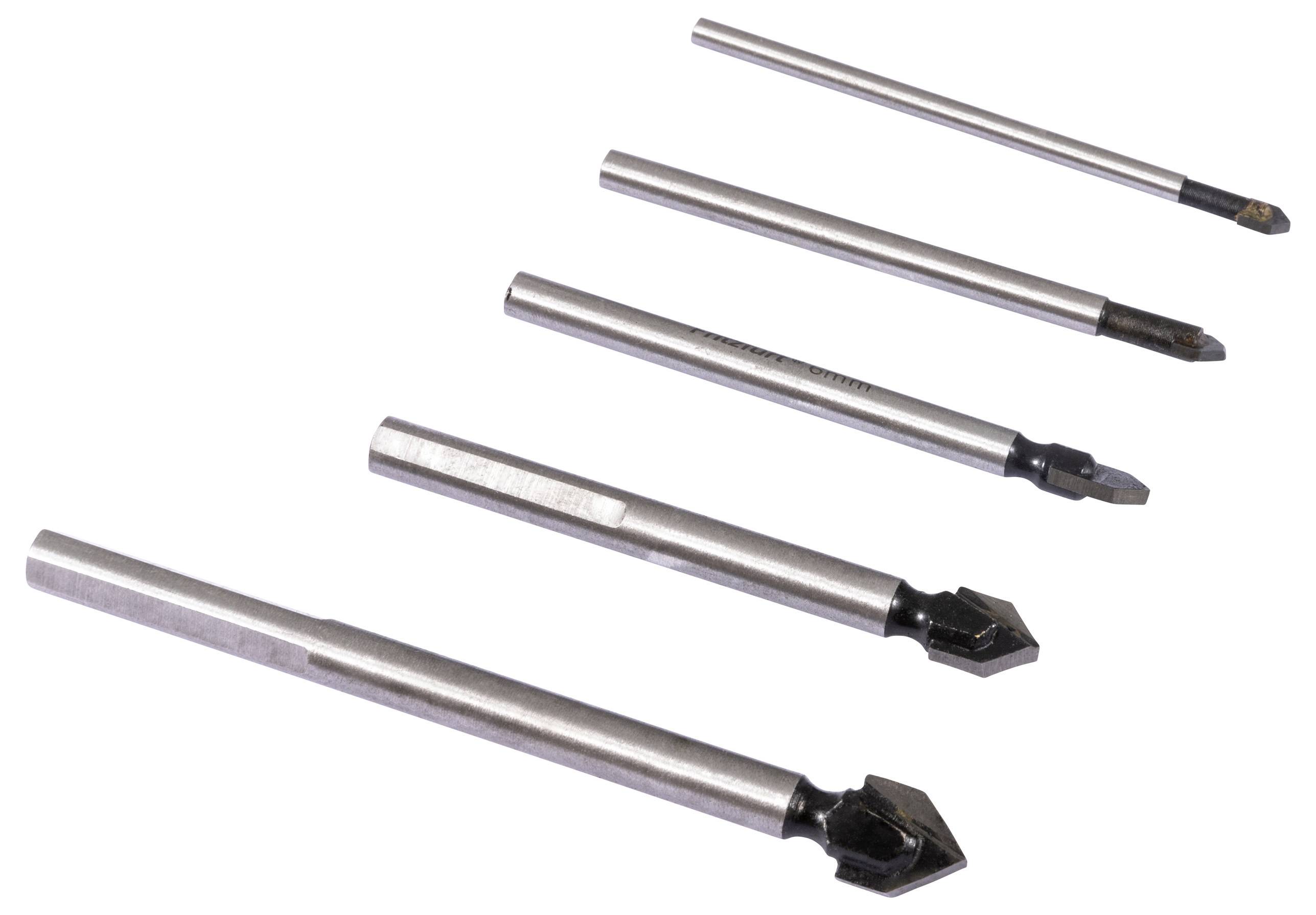 Fünf Bohrer unterschiedlicher Größe horizontal ausgerichtet, von klein nach groß, mit Metallschäften und dunklen Bohrespitzen.