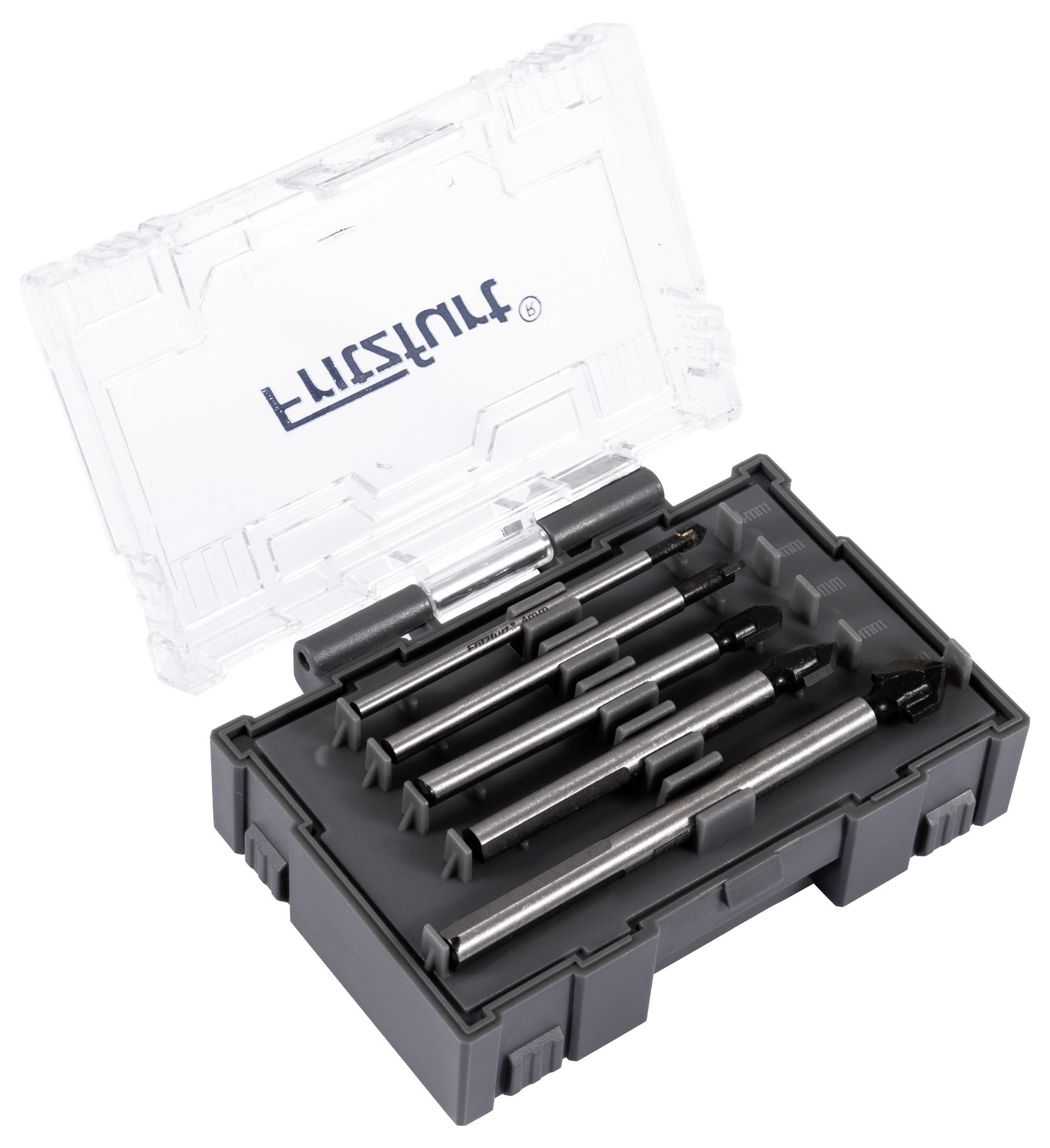 Ein Satz Bohrbits in einer transparenten, markierten Kunststoffbox, die in einem schwarzen Halter platziert ist und verschiedene Größen und Typen von Bits präsentiert.