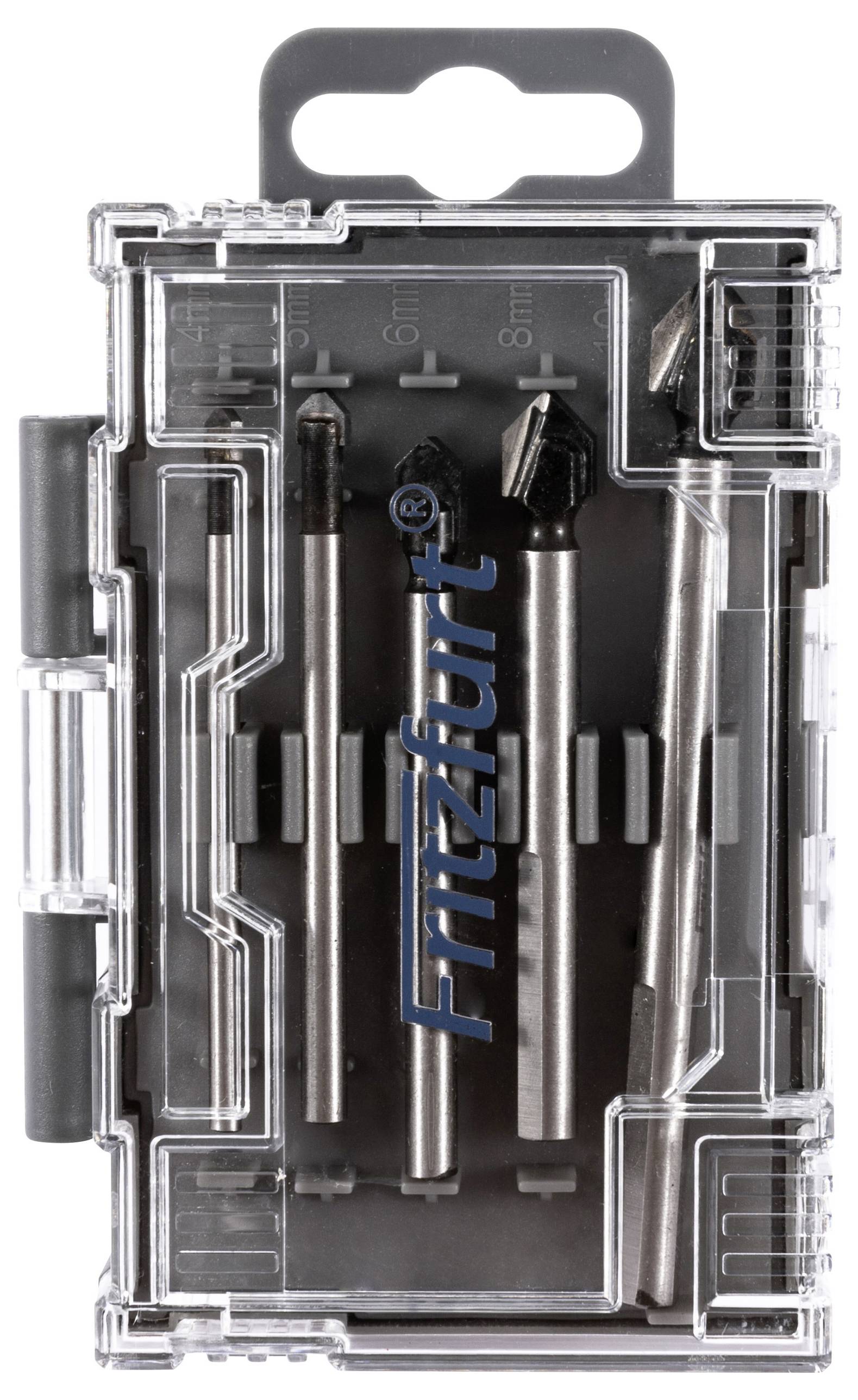 Eine Kunststoffbox, die vier Bohrbitze unterschiedlicher Größen senkrecht angeordnet enthält.