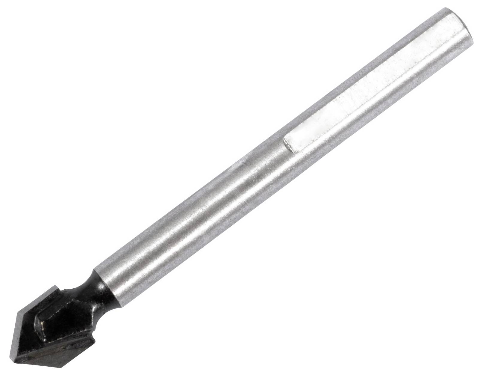 Ein Metallbohrer mit einer konischen, schwarz-silbernen Spitze, entwickelt zum Bohren in Glas oder Fliesen. Der Bohrer ist vor einem weißen Hintergrund isoliert.