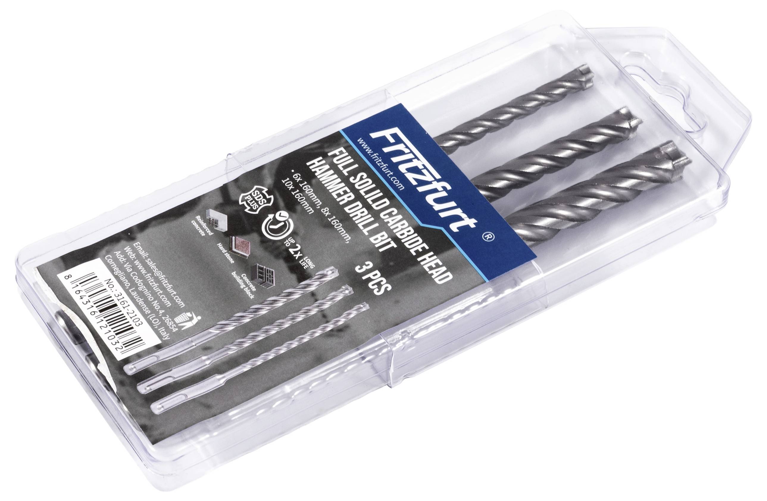 Eine transparente Kunststoffbox enthält drei Metallbohrer für Schlagbohrmaschinen, gekennzeichnet mit ‚Full Solid Carbide Head', Markenname und detaillierten Spezifikationen.