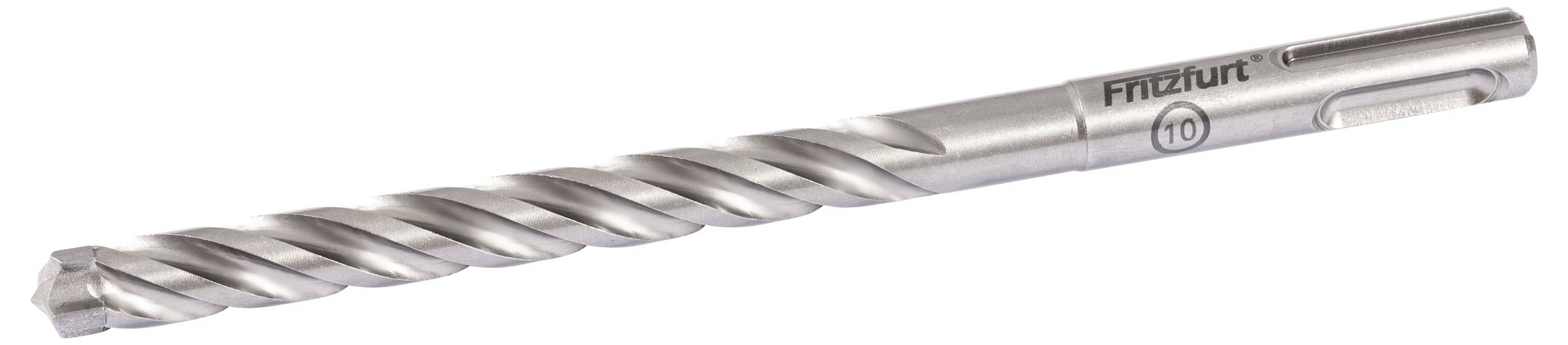Ein Metallbohrer mit Spiralnut-Design, beschriftet mit 'Fritzbit 10'. Er wirkt robust und eignet sich gut für Bohrvorgänge.