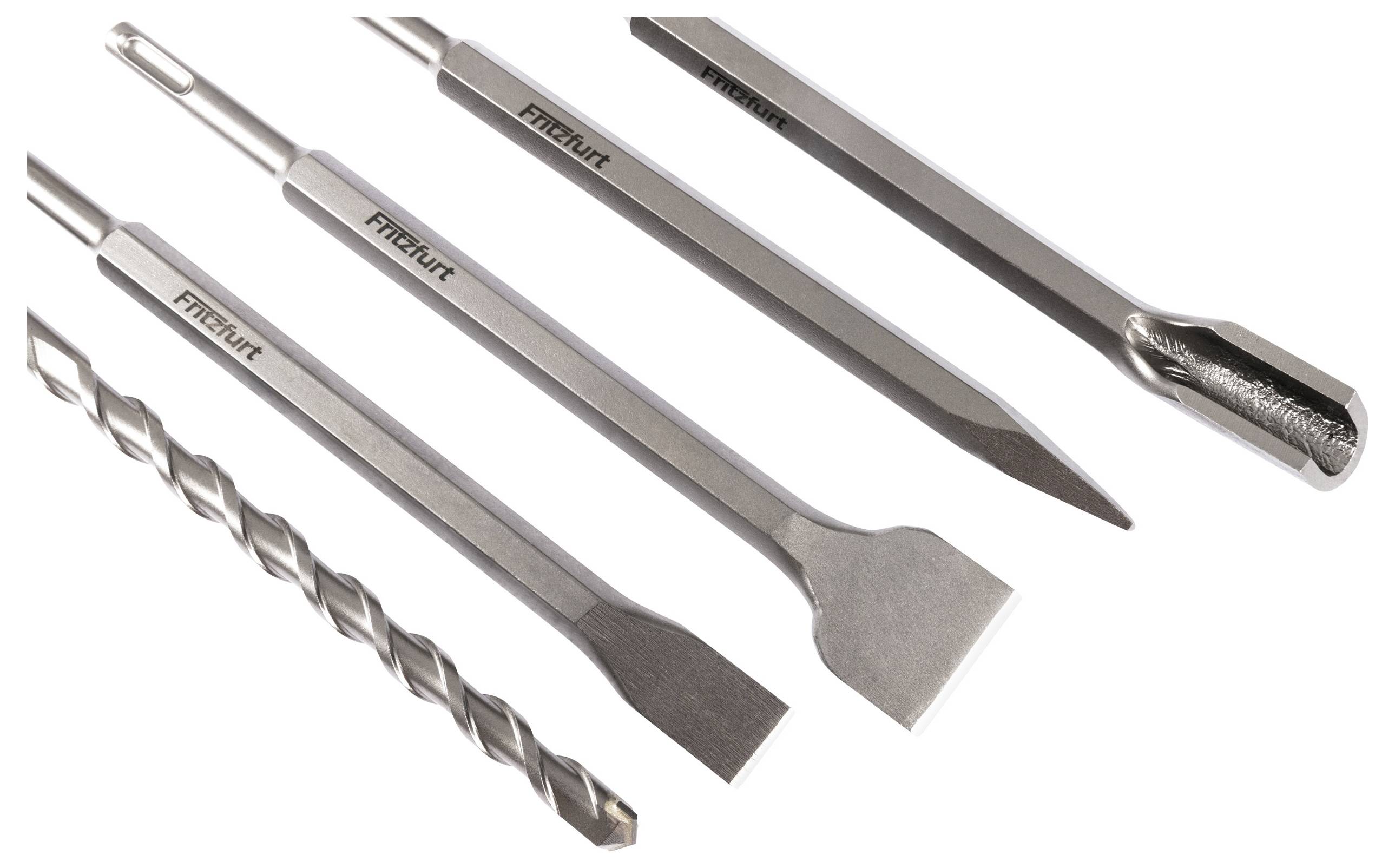 Fünf verschiedene Meißel- und Bohreretypen in Schräglage ausgestellt, die für unterschiedliche Mauer- und Abbruchtätigkeiten konzipiert sind.