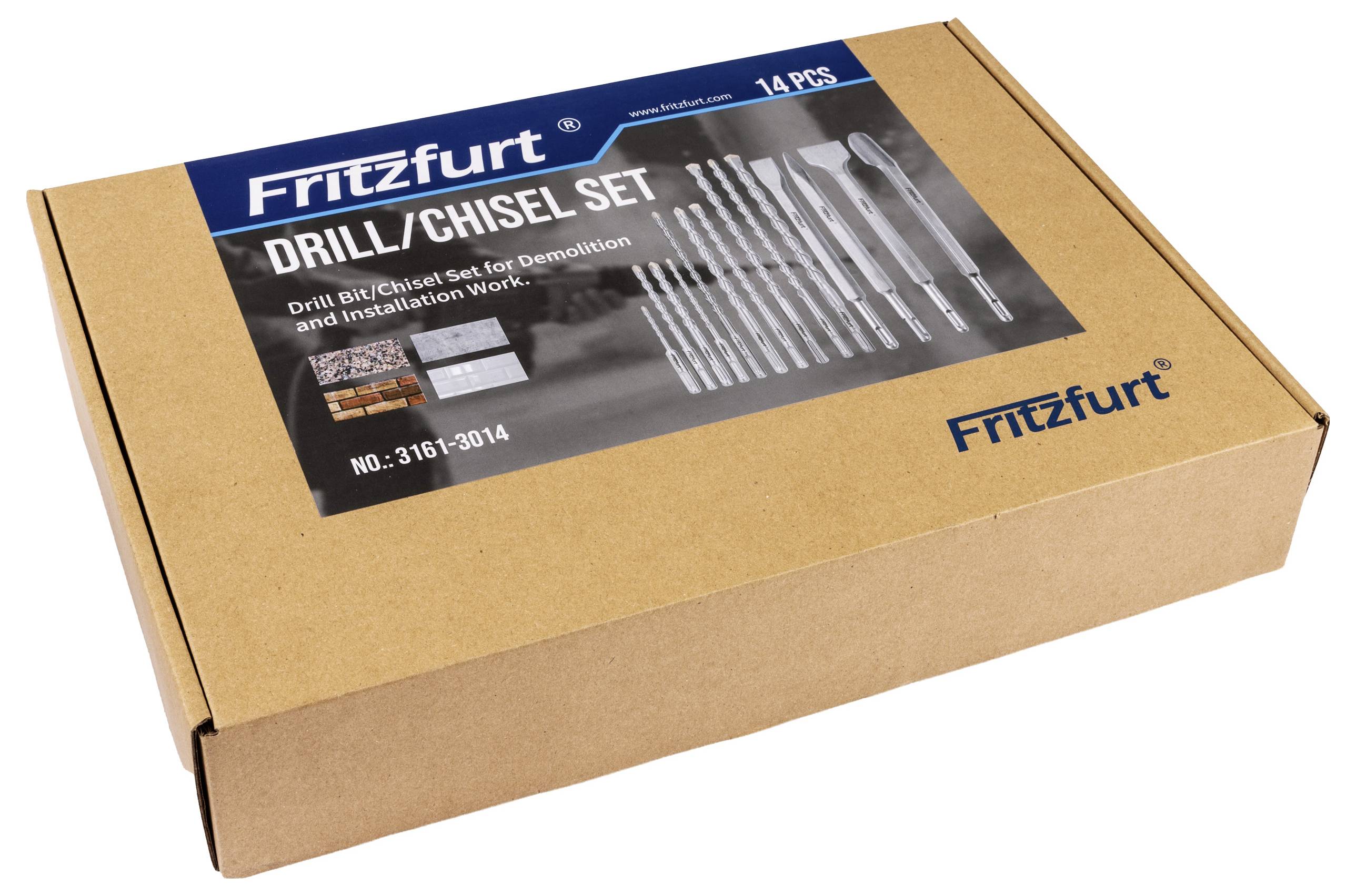 Schachtel mit einem 'Fritzfurt Bohrer-/Meißel-Set, 14-teilig', für Abbruch- und Installationsarbeiten, mit verschiedenen Größen auf dem Etikett.