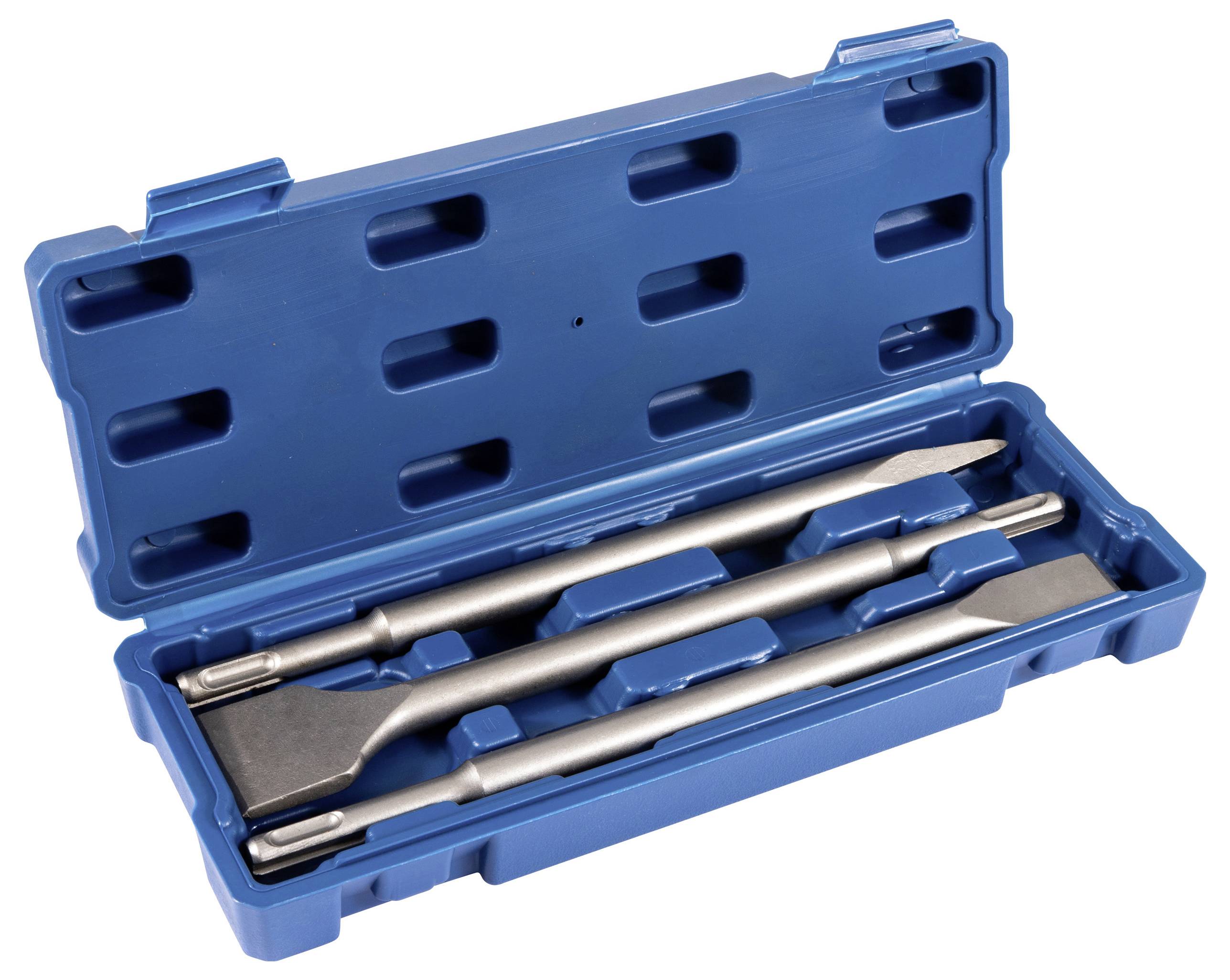 Eine blaue Plastikbox, die drei silberne Meißel unterschiedlicher Größen enthält, die für den Einsatz mit einem SDS-Bohrhammer konzipiert sind.