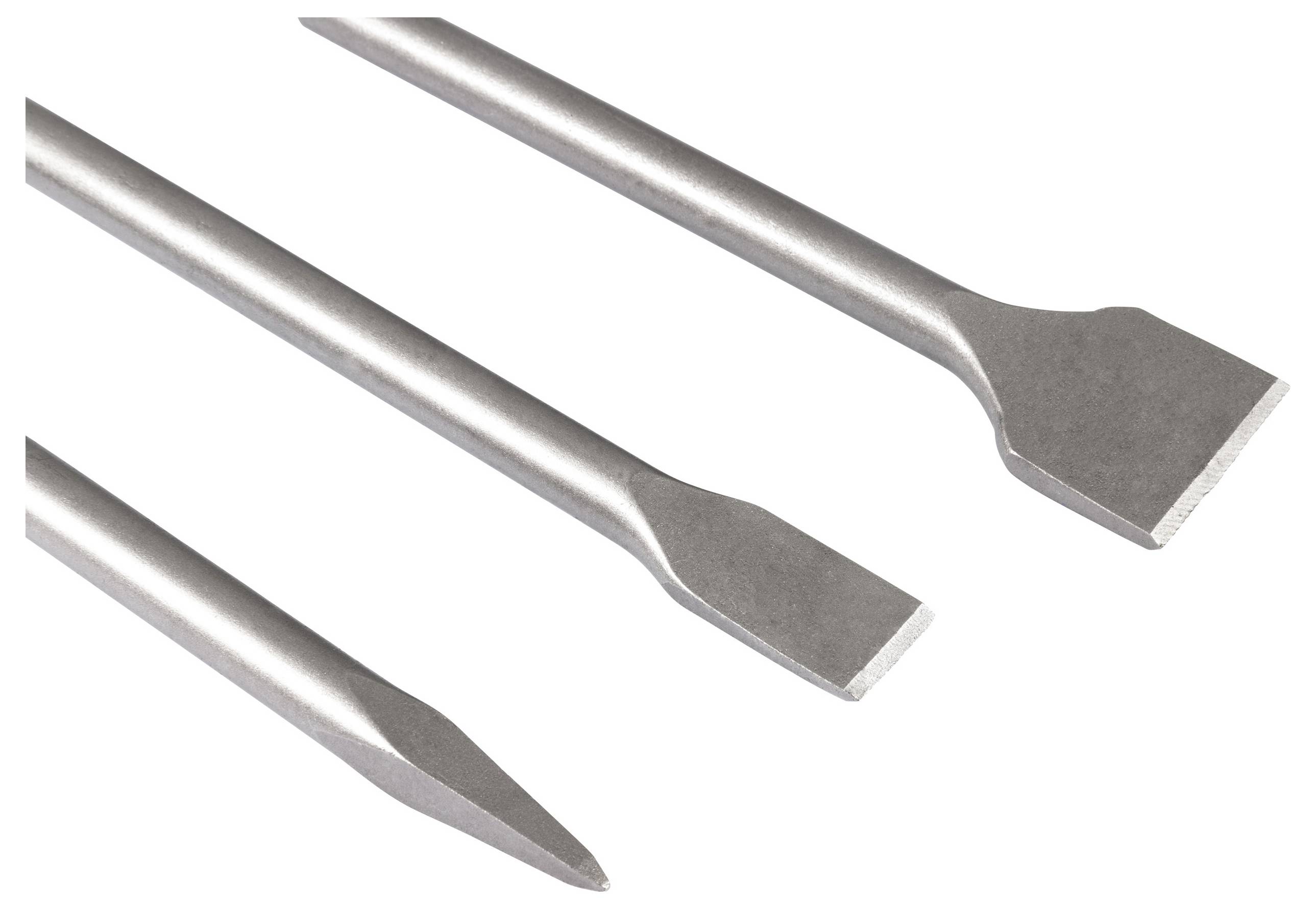 Drei Meißelköpfe aus Metall: spitz, flach und breit-flach, die für verschiedene Meißelaufgaben im Bau- oder Mauerwerksektor verwendet werden.