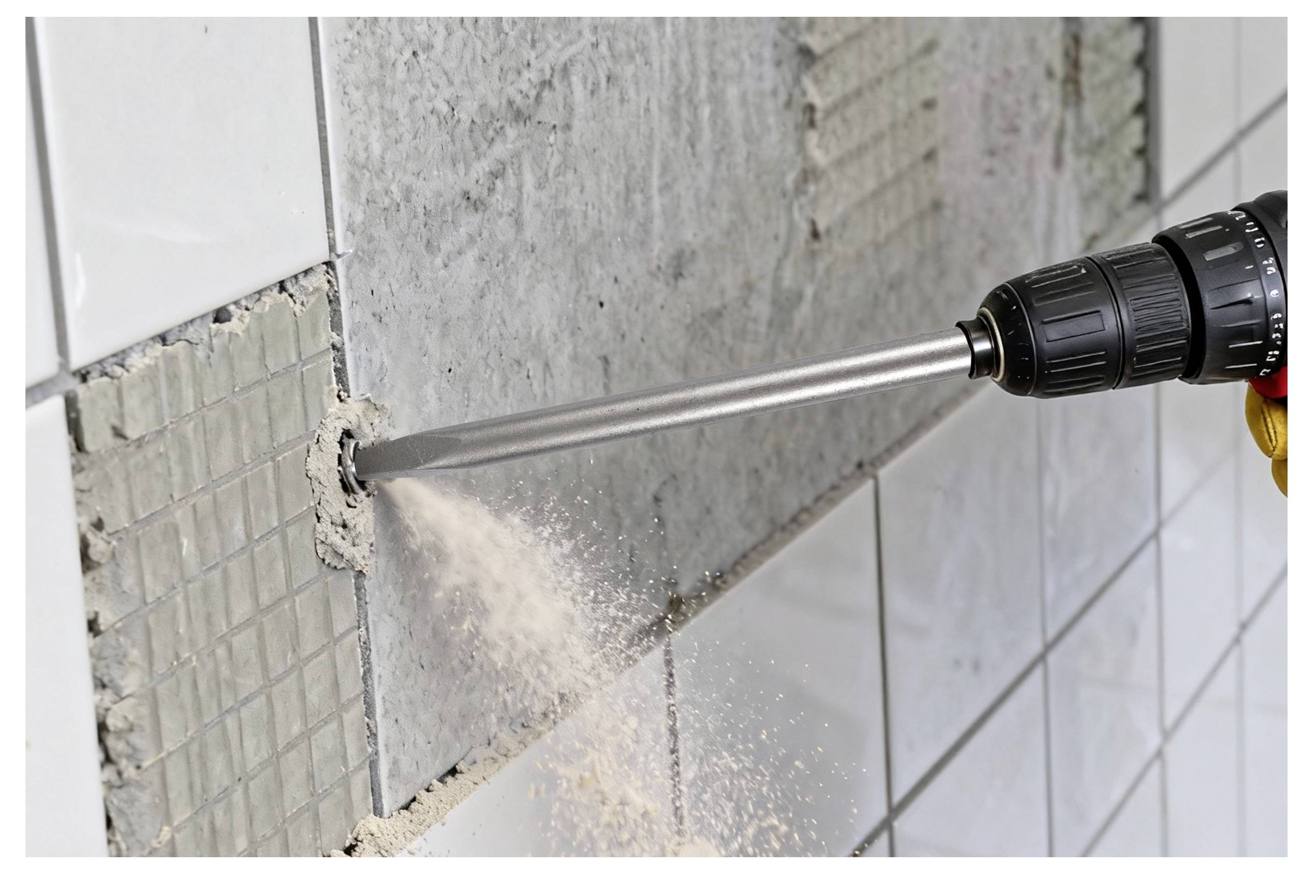 Eine Person benutzt eine Bohrmaschine, um Fliesen von einer Wand zu entfernen und dabei Staub und Schutt zu erzeugen.