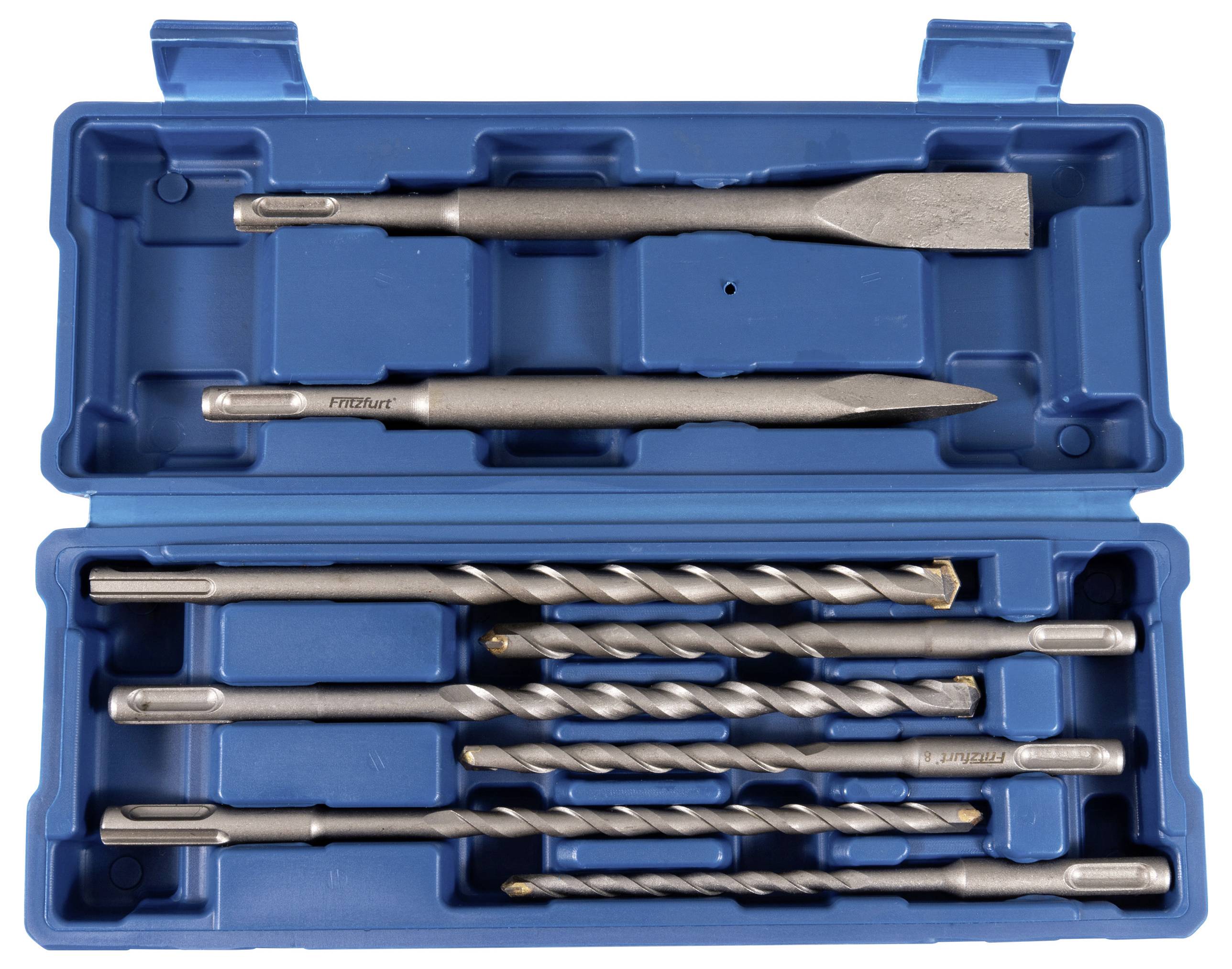 Eine blaue Kunststoffbox, die sechs Metall-Bohrer- und Meißelbits in Fächern enthält, konzipiert für verschiedene Bohr- und Meißelarbeiten.