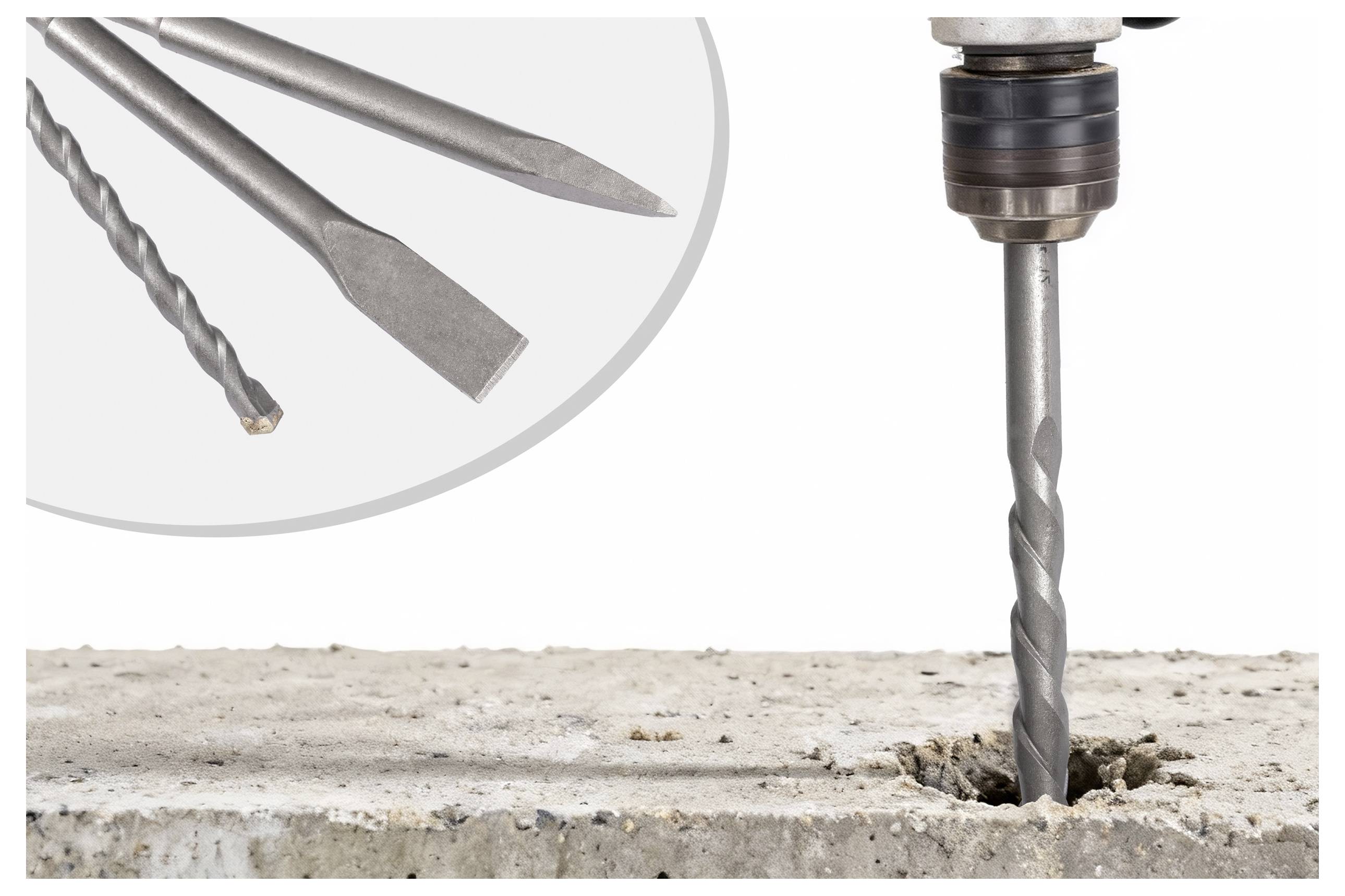 Ein Bohrer bohrt in Beton. Die Einblendung zeigt verschiedene Bohreinsätze: einen spitzen Bohrer, einen flachen Meißelbohrer und einen Spiralbohrer.