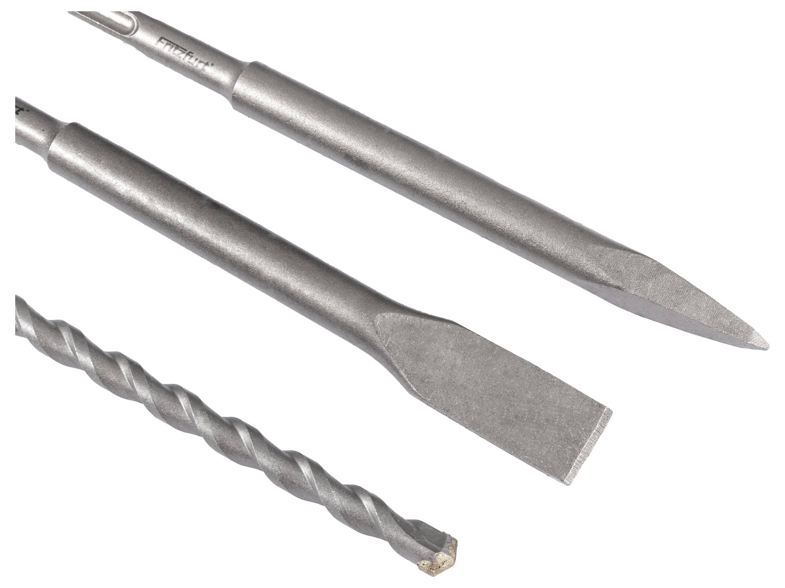 Drei Bohrer werden gezeigt: ein Spiralbohrer zum Bohren, ein flacher Meißel zum Brechen und ein spitzer Meißel für präzises Meißeln.