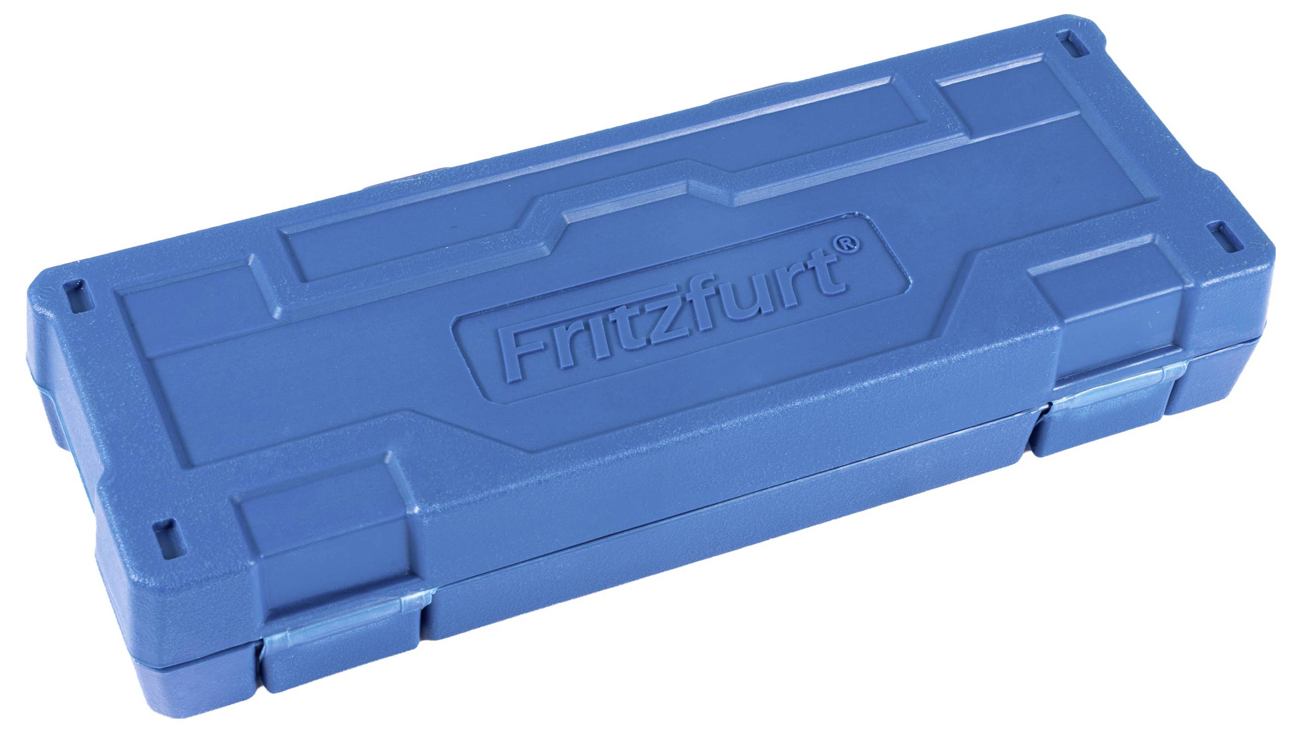 Ein blauer Kunststoff-Aufbewahrungskoffer mit der Prägung 'Fritzfurt' auf dem Deckel, ausgestattet mit sicheren Verschlüssen und einem robusten Design zum Aufbewahren von Werkzeugen.