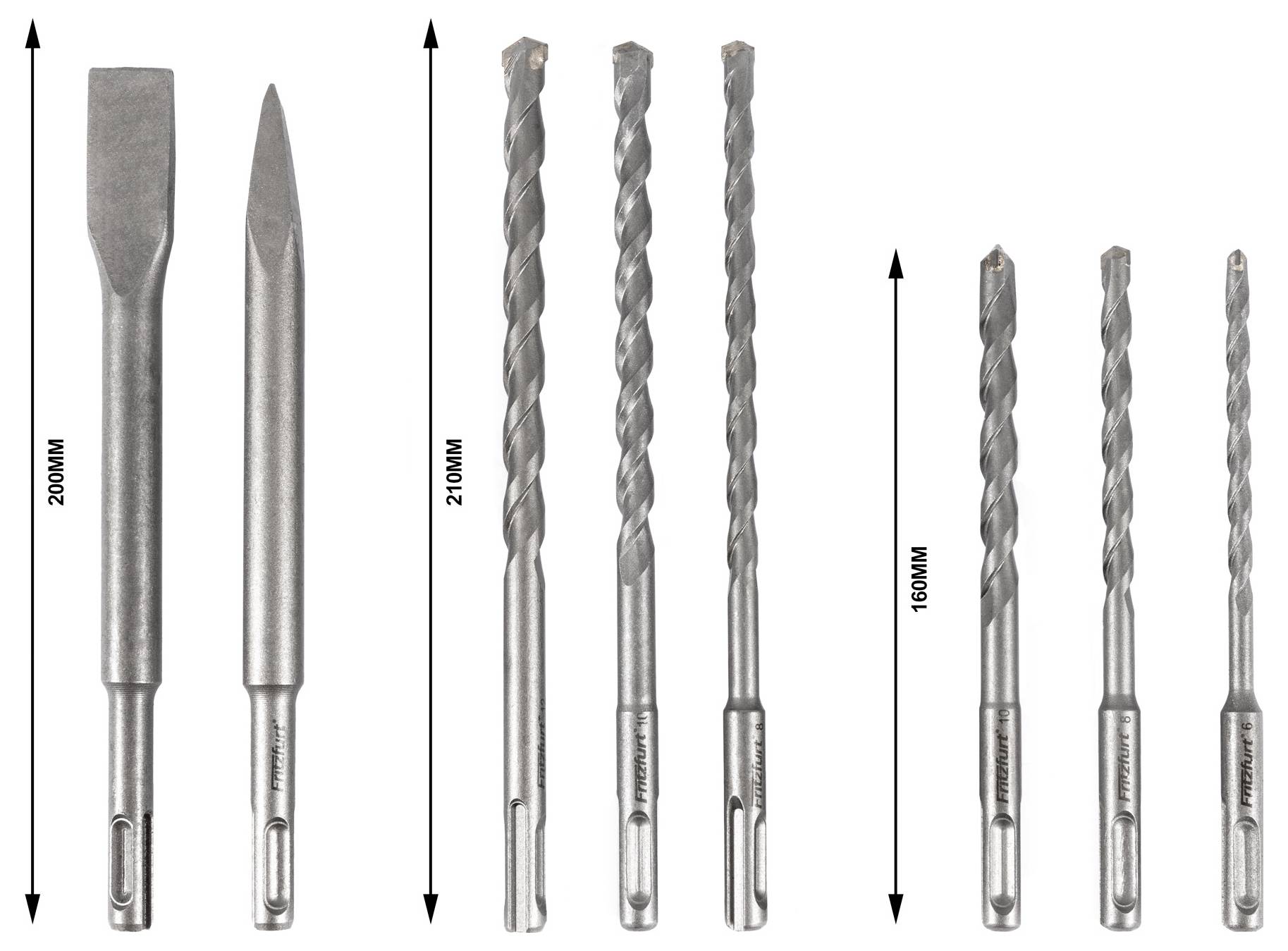 Ein Satz von sieben SDS-plus Bohrern und Meißeln, einschließlich Spitz- und Flachmeißel, sowie verschiedene Bohrerlägen gekennzeichnet von 160 mm bis 260 mm.