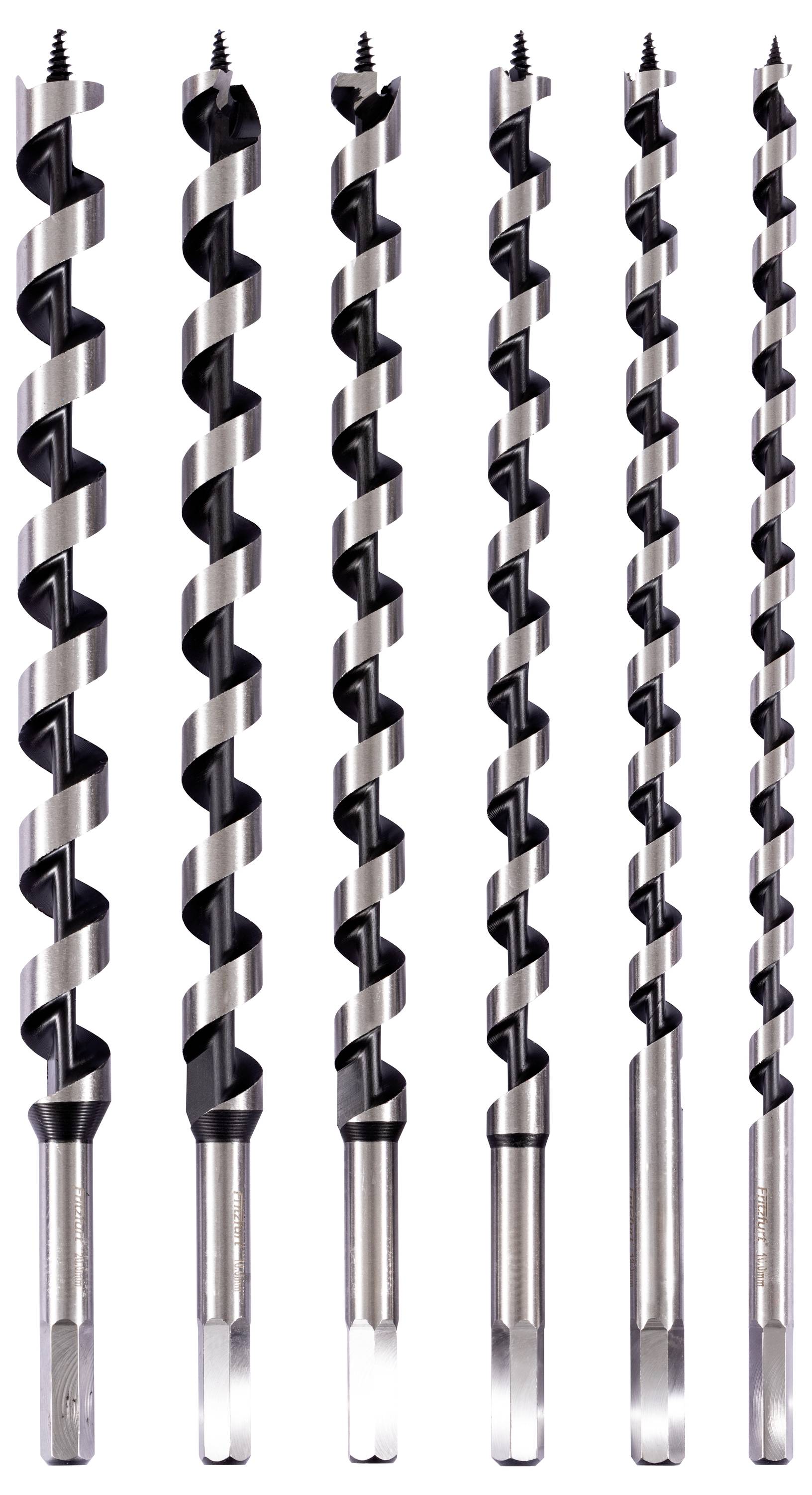 Sieben Stahlbohrer mit Wendelbohrung in unterschiedlichen Längen, senkrecht angeordnet und ihre spiralförmige Konstruktion zur Holzbearbeitung präsentierend.