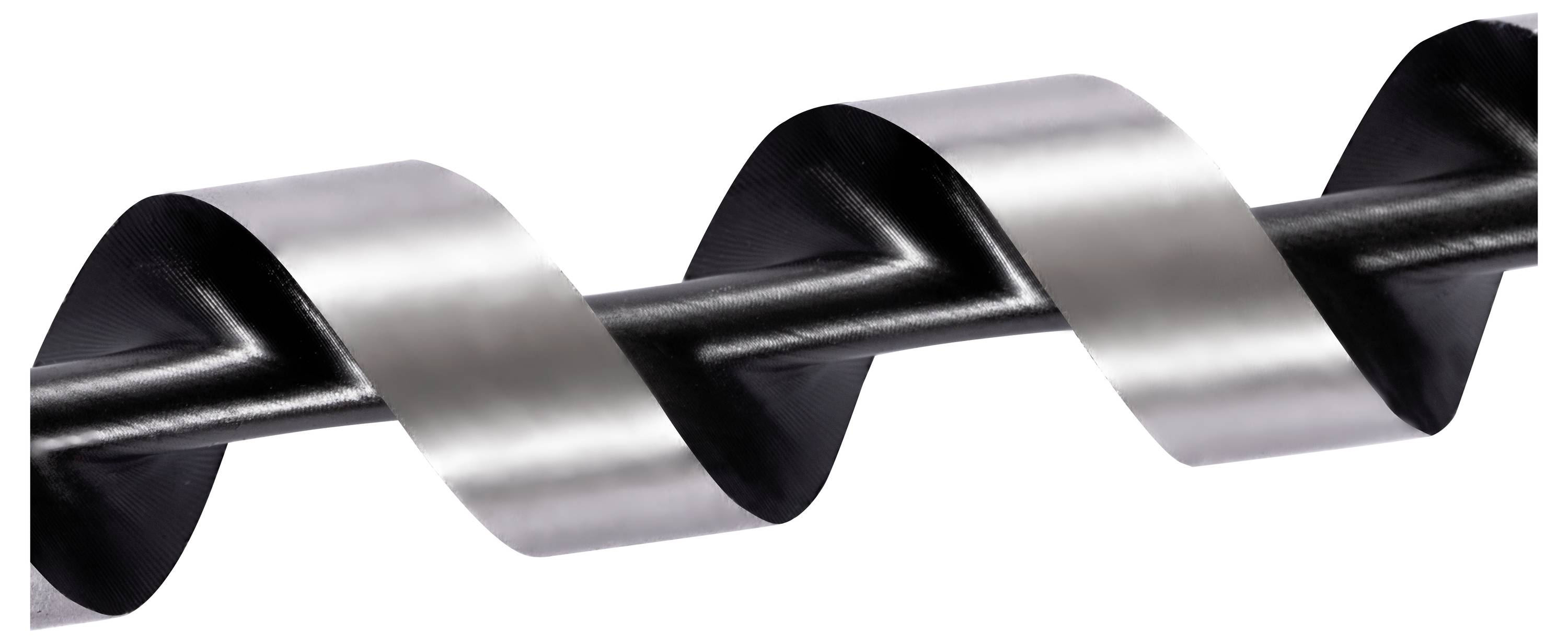 Eine polierte Metallspirale, die sich eng um einen schwarzen zylindrischen Stab wickelt und ein nahtloses und glattes Oberflächendesign für industrielle Ästhetik präsentiert.