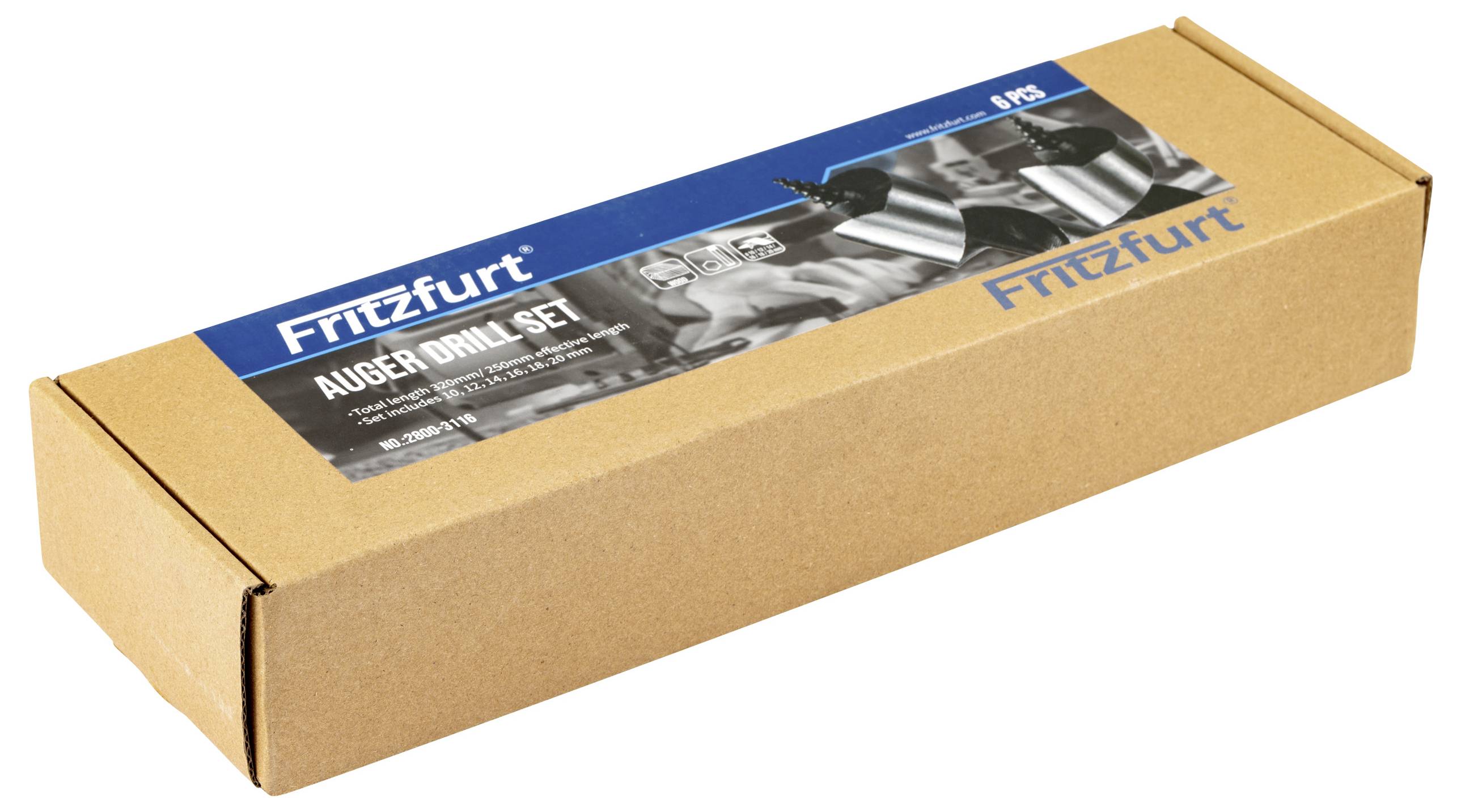 Eine rechteckige hellbraune Schachtel mit dem Etikett 'Fritzfurt Auger-Bohrer-Set'. Das Etikett hat einen blauen Hintergrund und zeigt Bilder der Bohraufsätze.