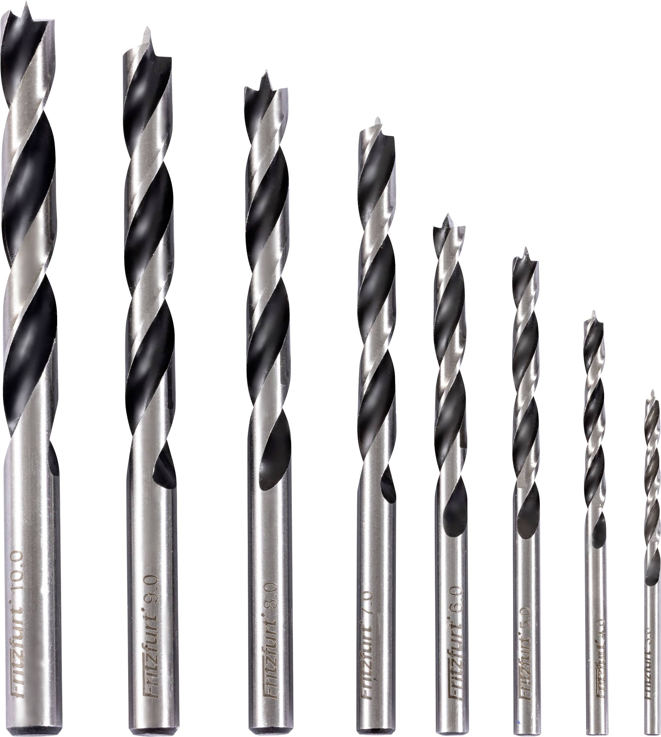 Ein Satz von acht verschiedenen Metallbohrern, die vertikal ausgerichtet sind und von klein bis groß reichen, demonstriert die Größenvariation für unterschiedliche Bohranforderungen.