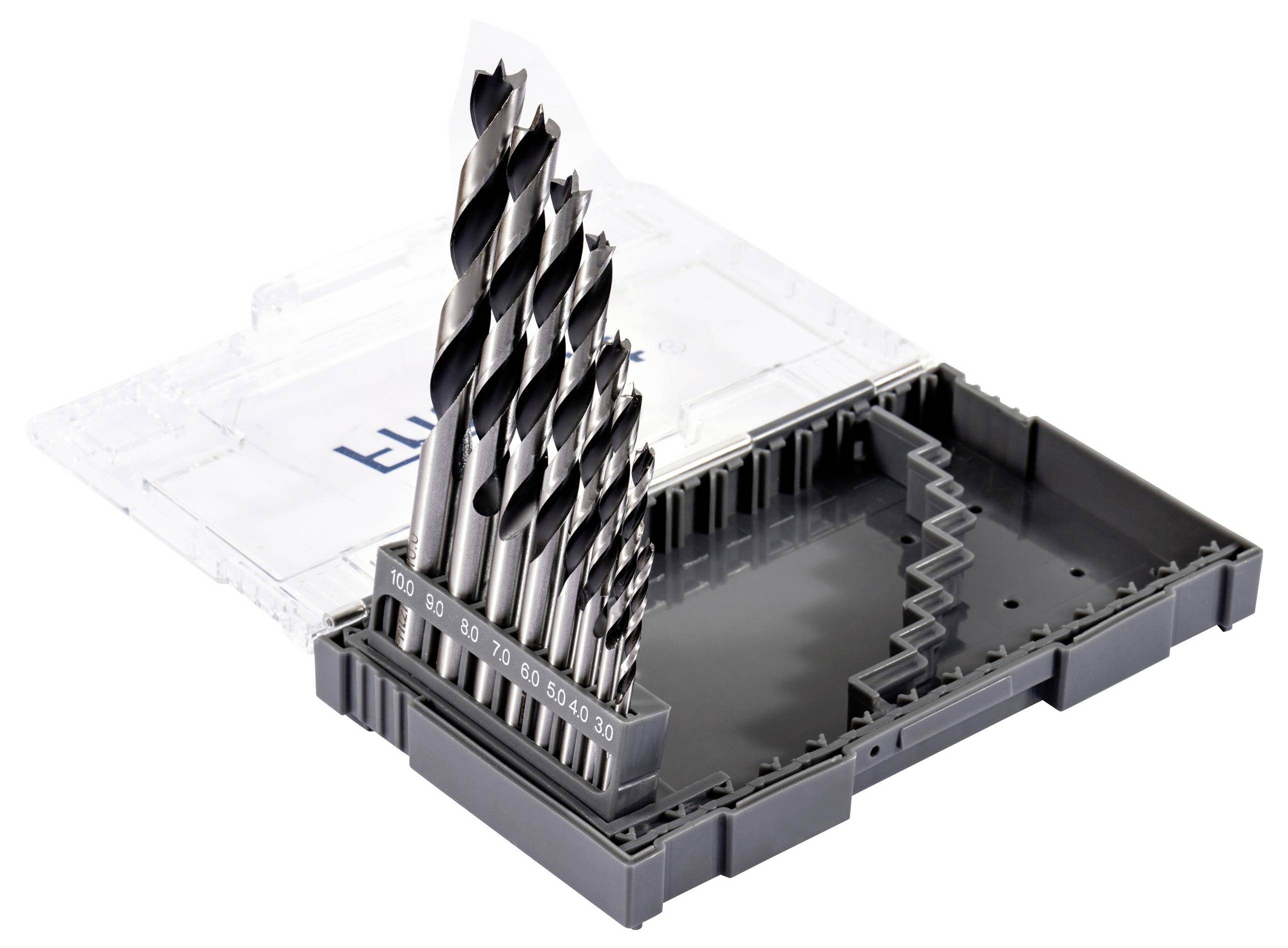 Ein Set aus neun Metallbohrern in unterschiedlichen Größen, angeordnet in einer offenen grauen Kunststoffbox, wobei jeder Bohrer von Größe 3 bis 10 beschriftet ist.