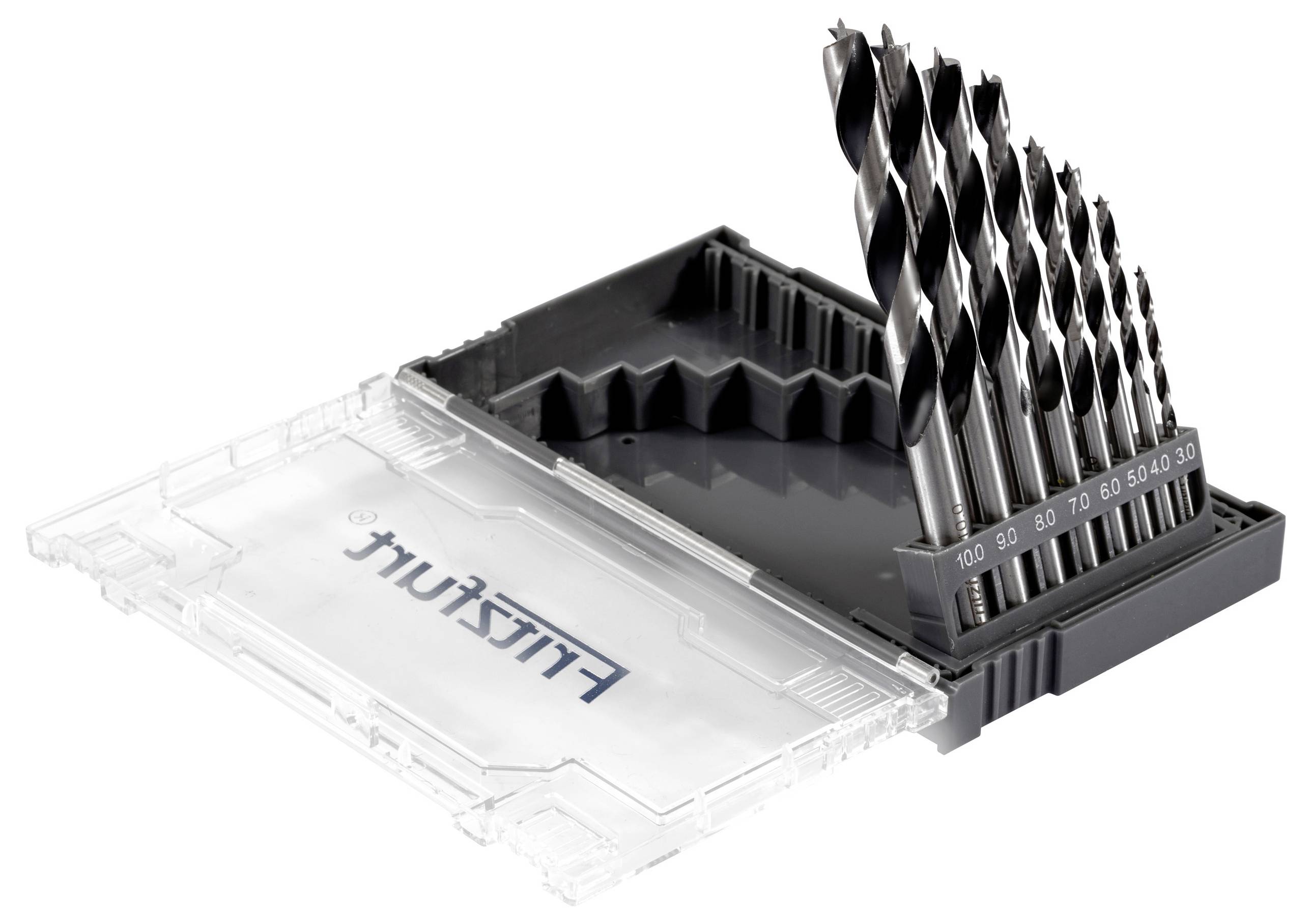 Ein Satz Bohrer, nach Größe sortiert in einer teilweise geöffneten Kunststoffbox mit beschrifteten Einschüben.