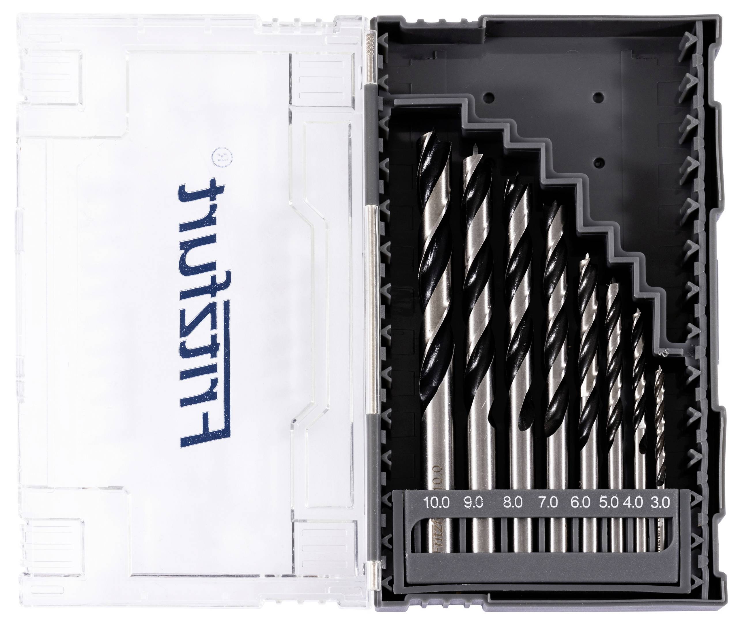 Ein Satz Metallbohrer in einer Plastikbox, mit Größen von 3,0 bis 10,0 mm, von rechts nach links nach zunehmendem Durchmesser sortiert.