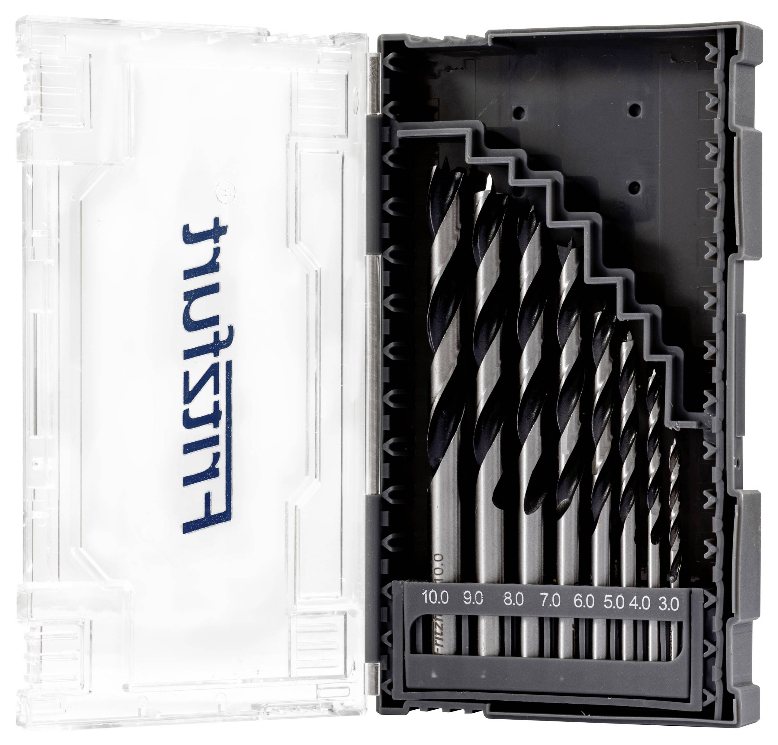 Ein Satz von neun Silberbohrern in unterschiedlichen Größen von 1,5 bis 10,0 mm, angeordnet in einem schwarzen Etui mit durchsichtigem Deckel und seitlichem Griff.