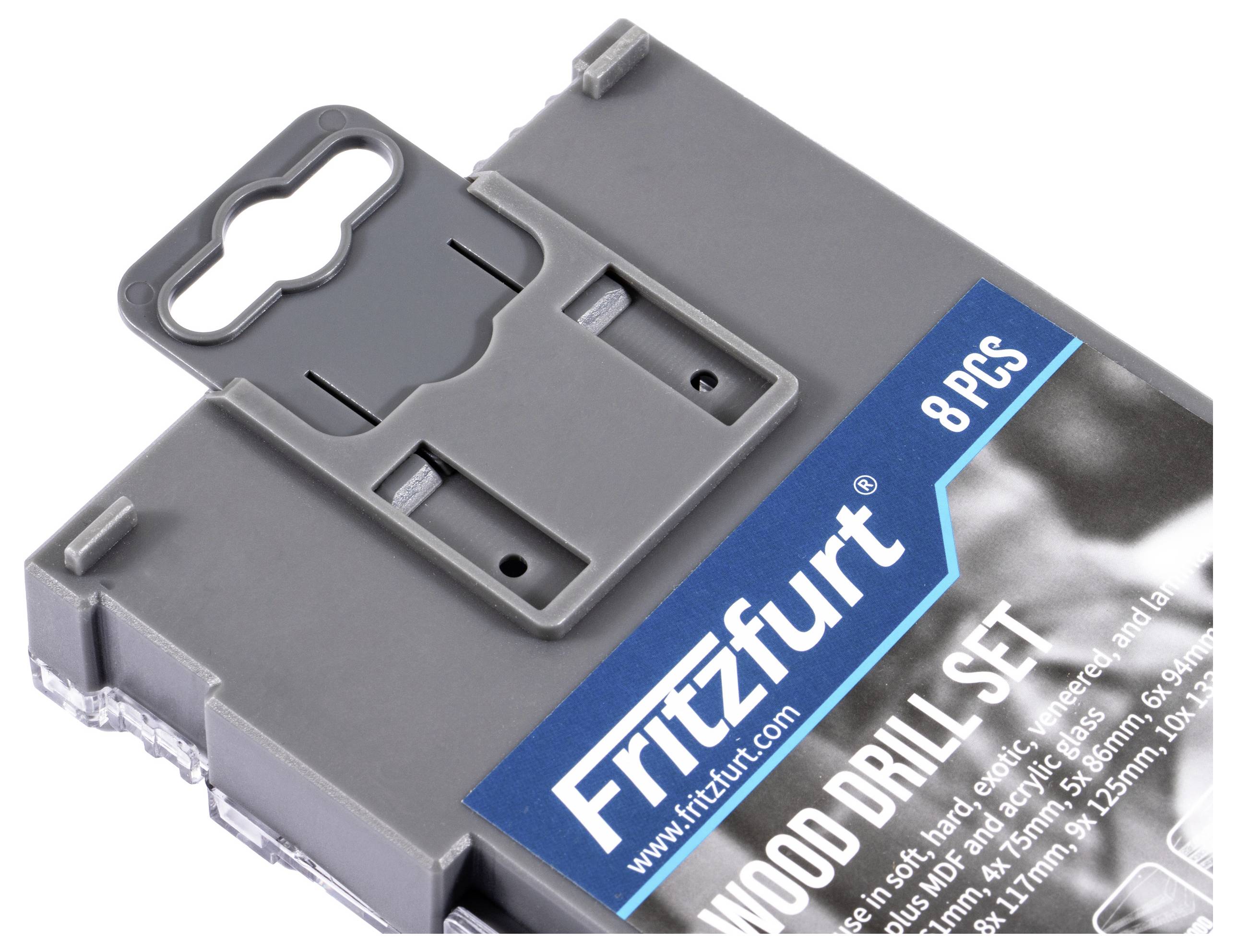 Fritzfurt Holzbohrer-Set, 8-teilig, in einer Kunststoffbox mit Aufhängeschlaufe zur einfachen Aufbewahrung.