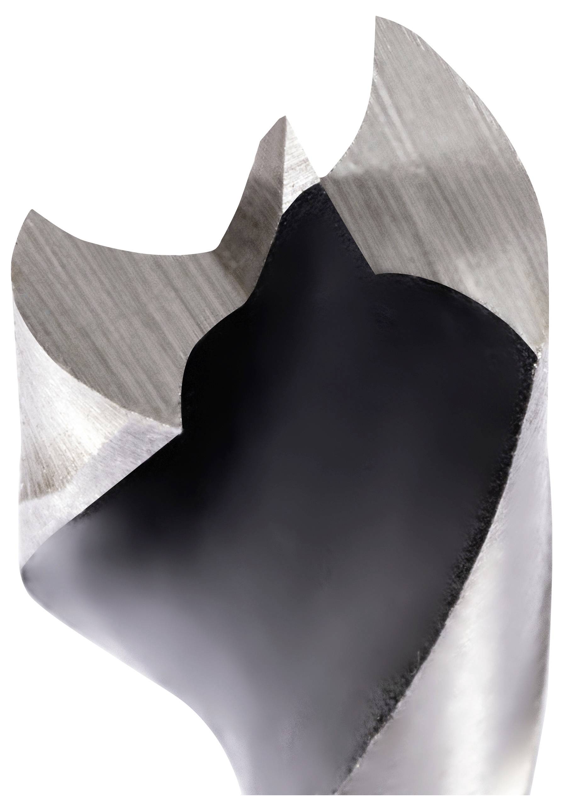 Detailaufnahme eines metallischen Bohrers mit scharfen, abgewinkelten Schneidkanten, die für präzises Bohren konzipiert sind.