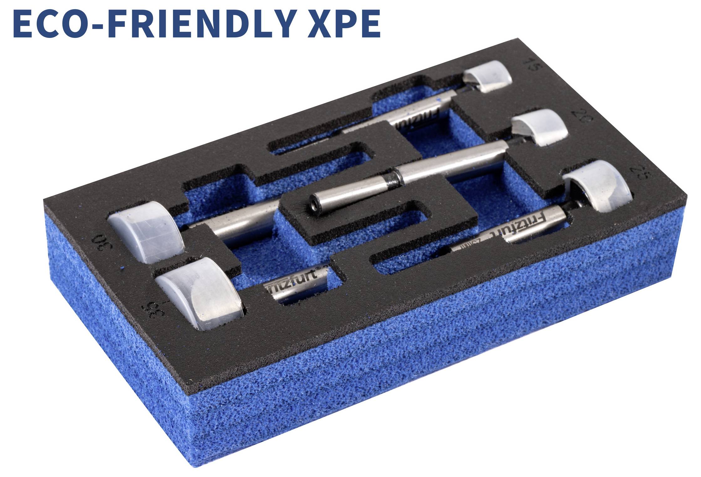 Eine blau-schwarze Schaumstoffverpackung mit Fächern enthält Metallwerkzeuge. Text 'Eco-Friendly XPE' befindet sich oben links.