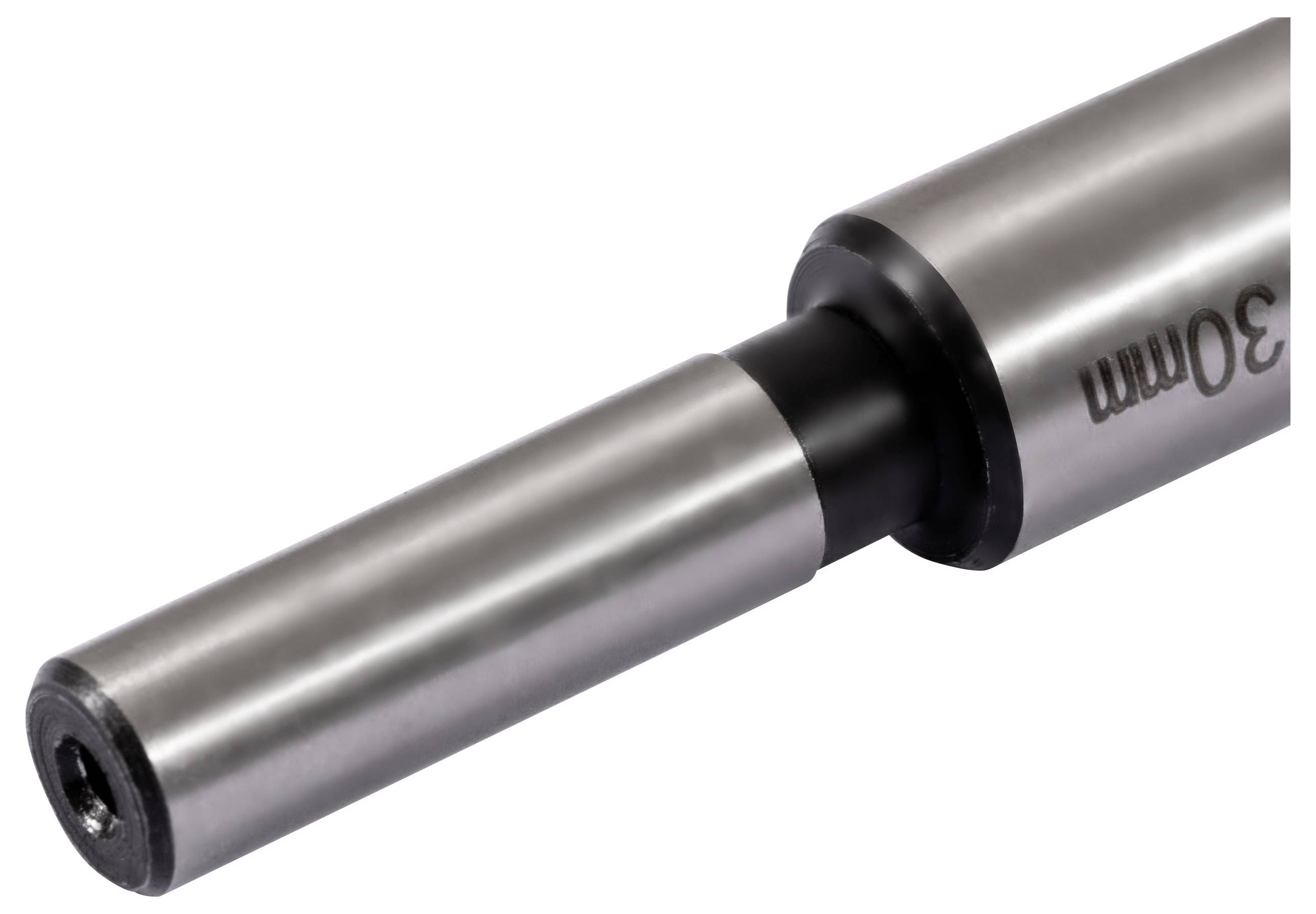 Eine Nahaufnahme eines metallischen Zylinderwerkzeugs, das auf seiner Seite mit '30 mm' beschriftet ist und dessen glatte, polierte Oberfläche und runde Spitze zu sehen sind.