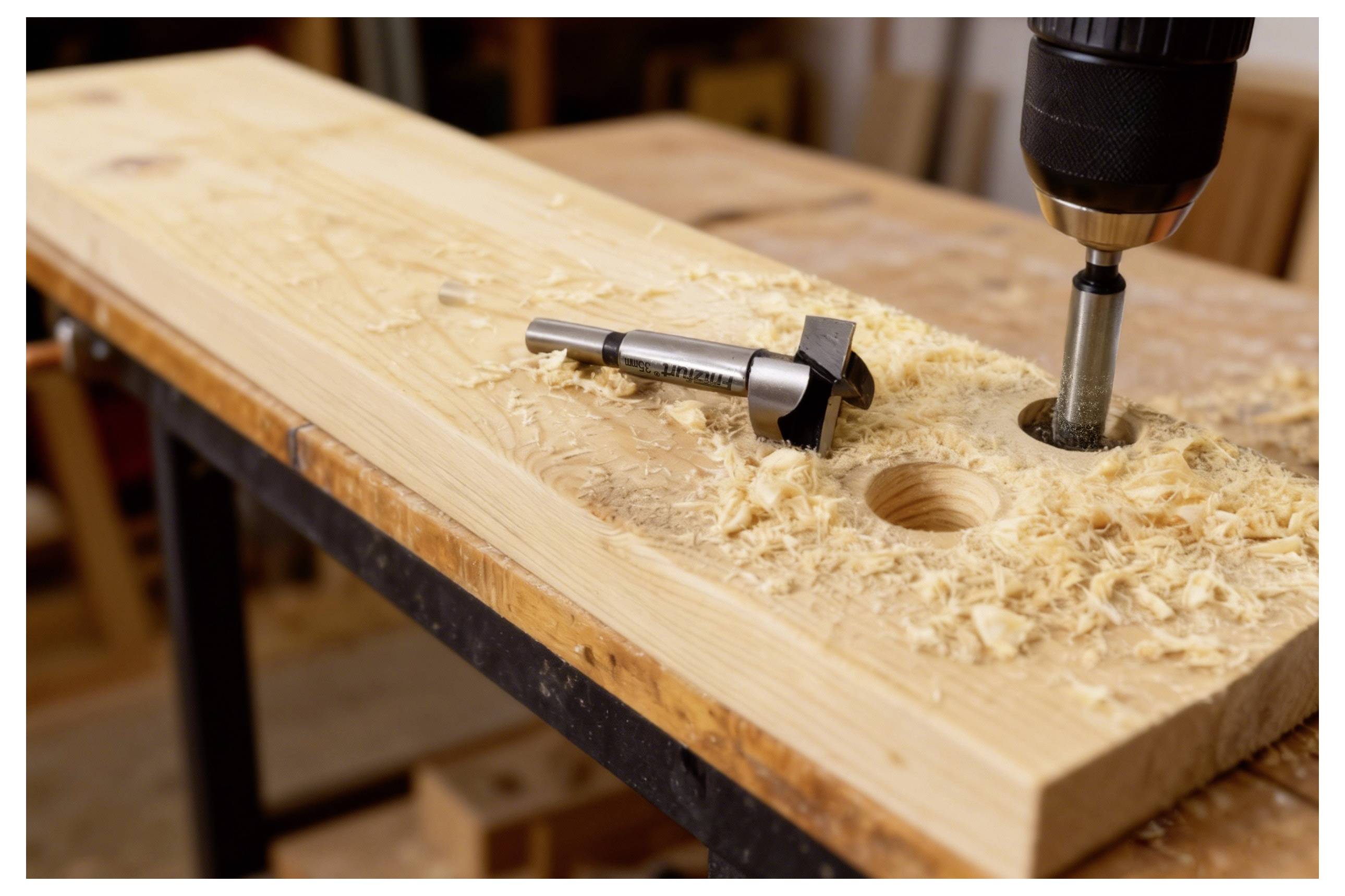 Ein Holzbrett wird auf einer Werkbank eingespannt, während eine Bohrmaschine ein großes rundes Loch bohrt. Holzspäne sind in der Umgebung verstreut.