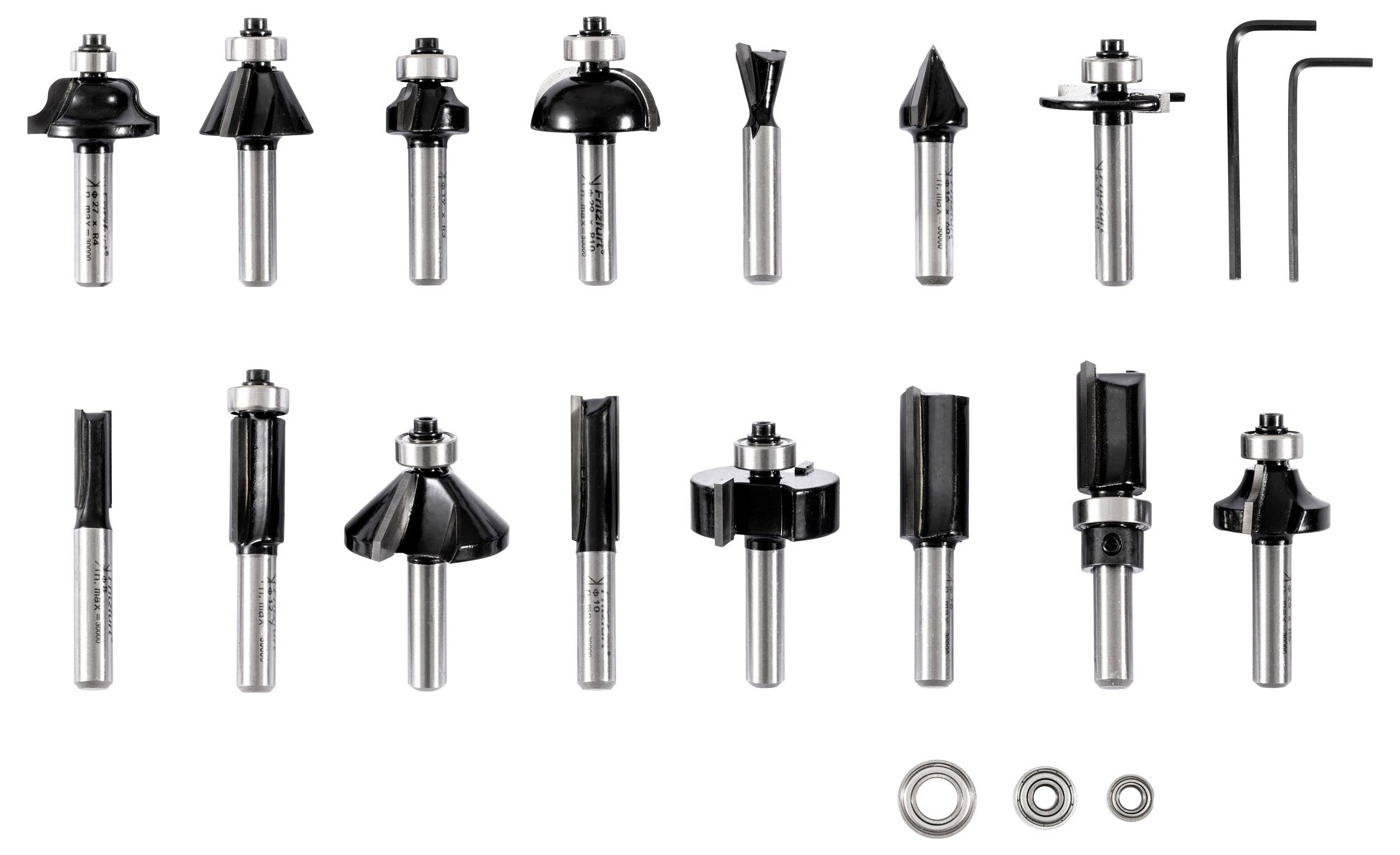 Eine Sammlung verschiedener Metallfrässtifte, die jeweils unterschiedliche Formen und Funktionen aufweisen, in zwei Reihen angeordnet, zusammen mit Innensechskantschlüsseln und Lagern.