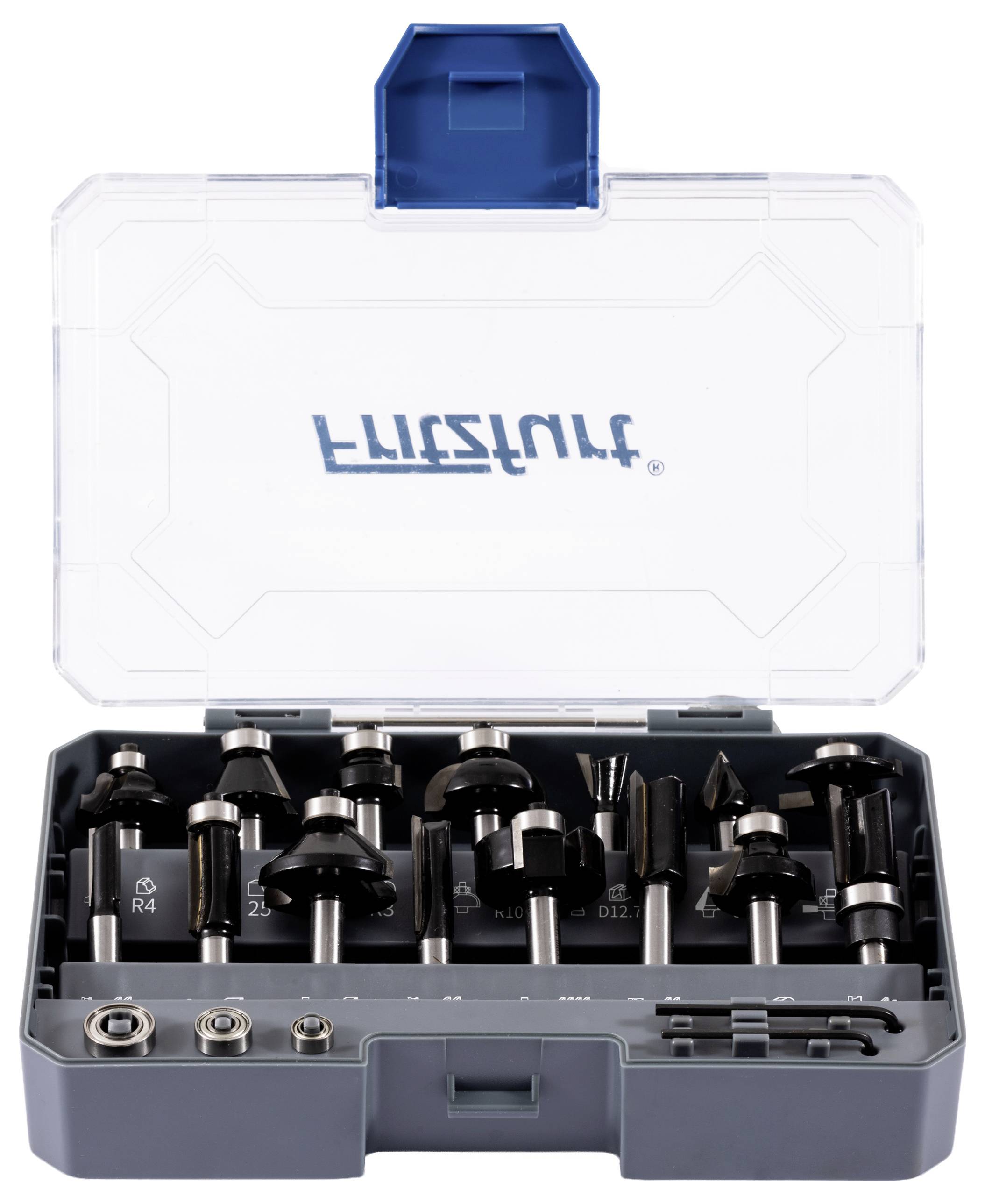 Offene Schatulle mit transparentem Deckel, die verschiedene Fräsersätze für Holzbearbeitung und detaillierte Formgebungsaufgaben zeigt.