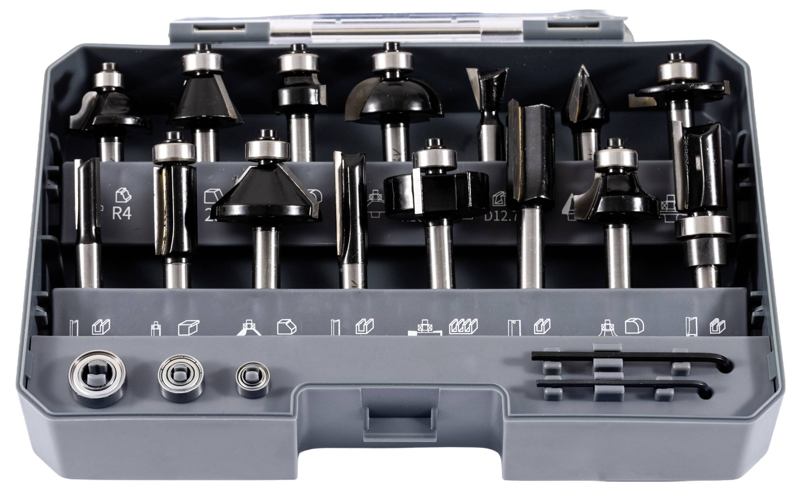 Ein Set mit 15 Holzfräsern in einem grauen Kunststoffkoffer, das verschiedene Formen und Größen präsentiert. Enthält zusätzliche Komponenten und Symbole.