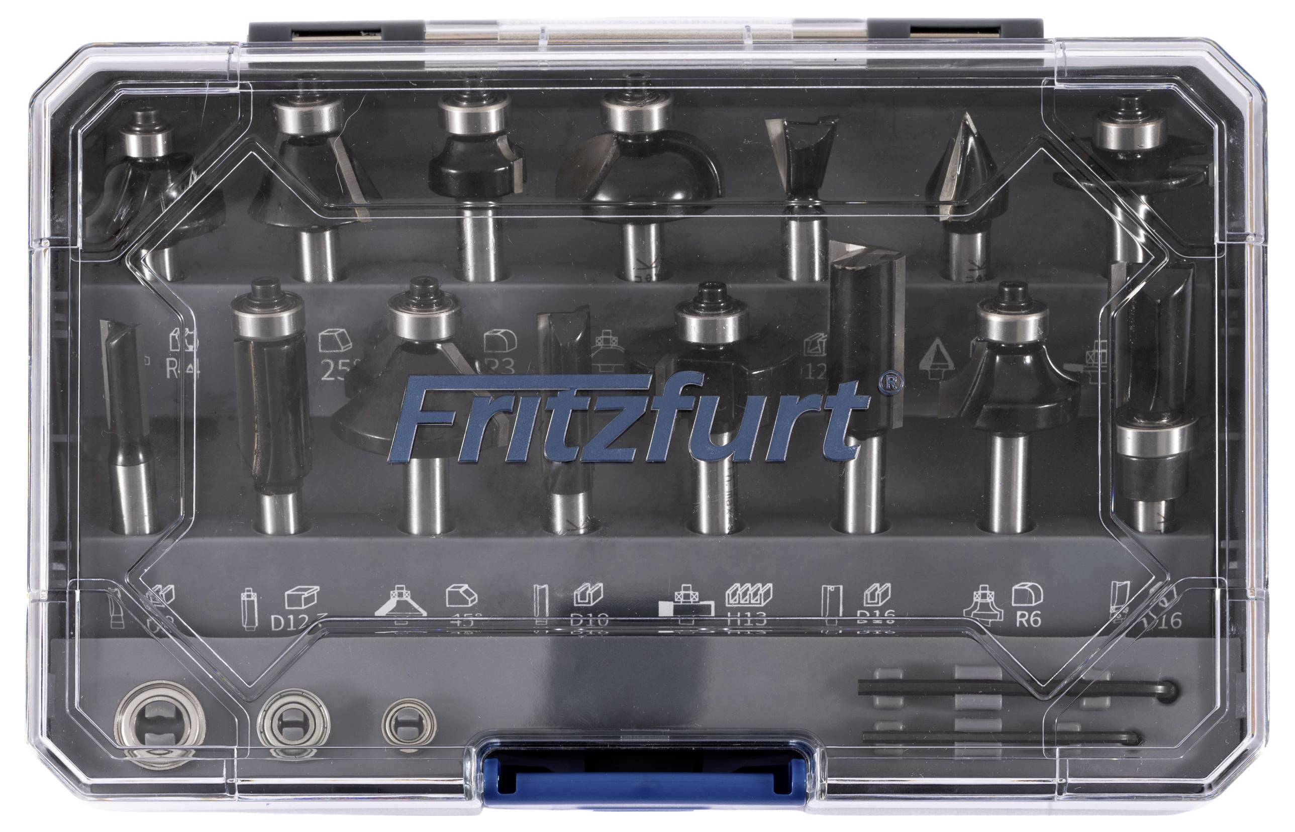 Eine transparente Plastikbox, in der verschiedene Metallfräser in Reihen angeordnet sind. Der Markenname 'Fritzfurt' ist auf dem Deckel gedruckt.